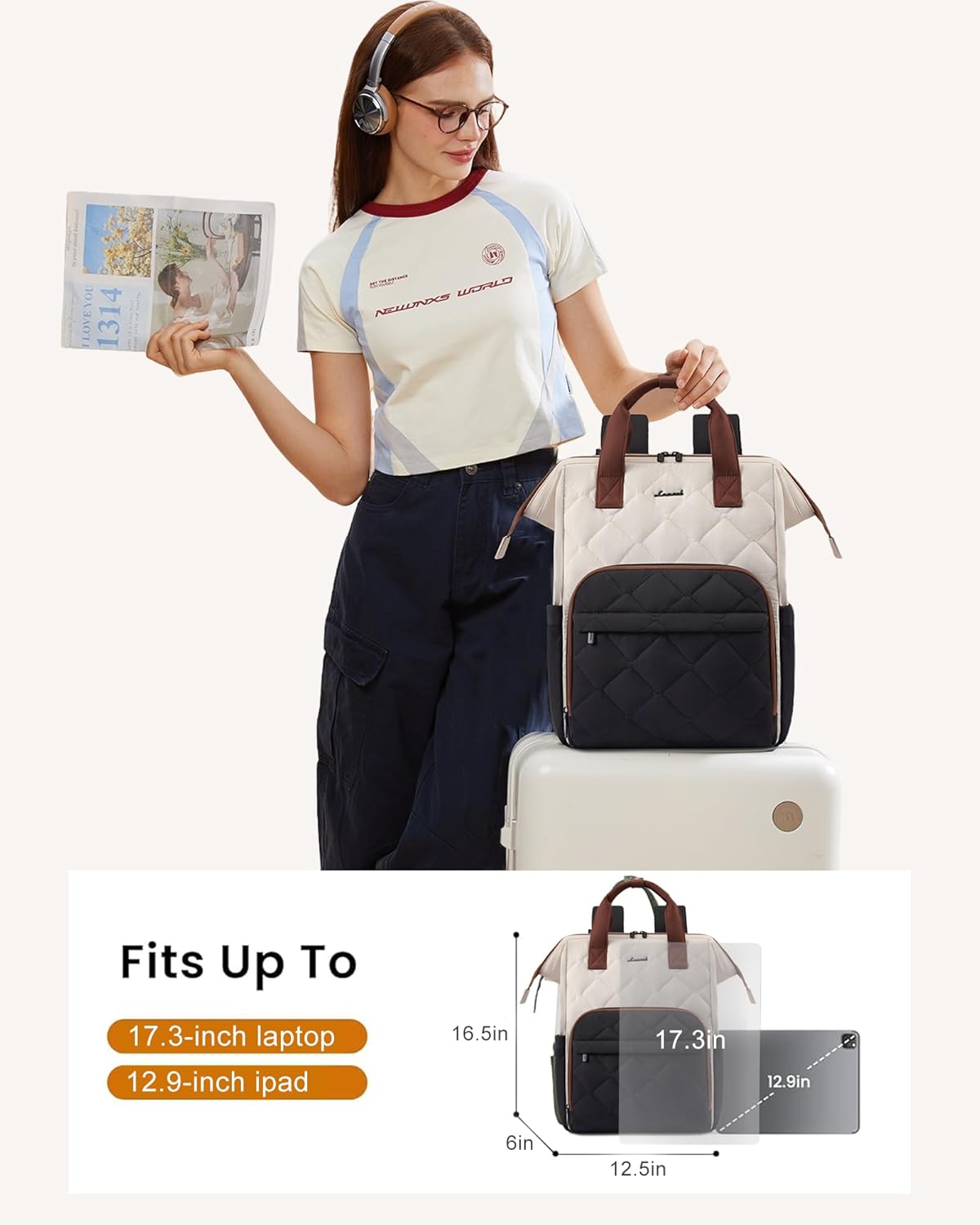 LOVEVOOK Laptop Backpack for Women, 17.3 inch Work Travel Backpack Purse, Puffer Quilted Laptop Backpack Casual Daypack for Nurse Teacher，Black-White-Brown - Image 5