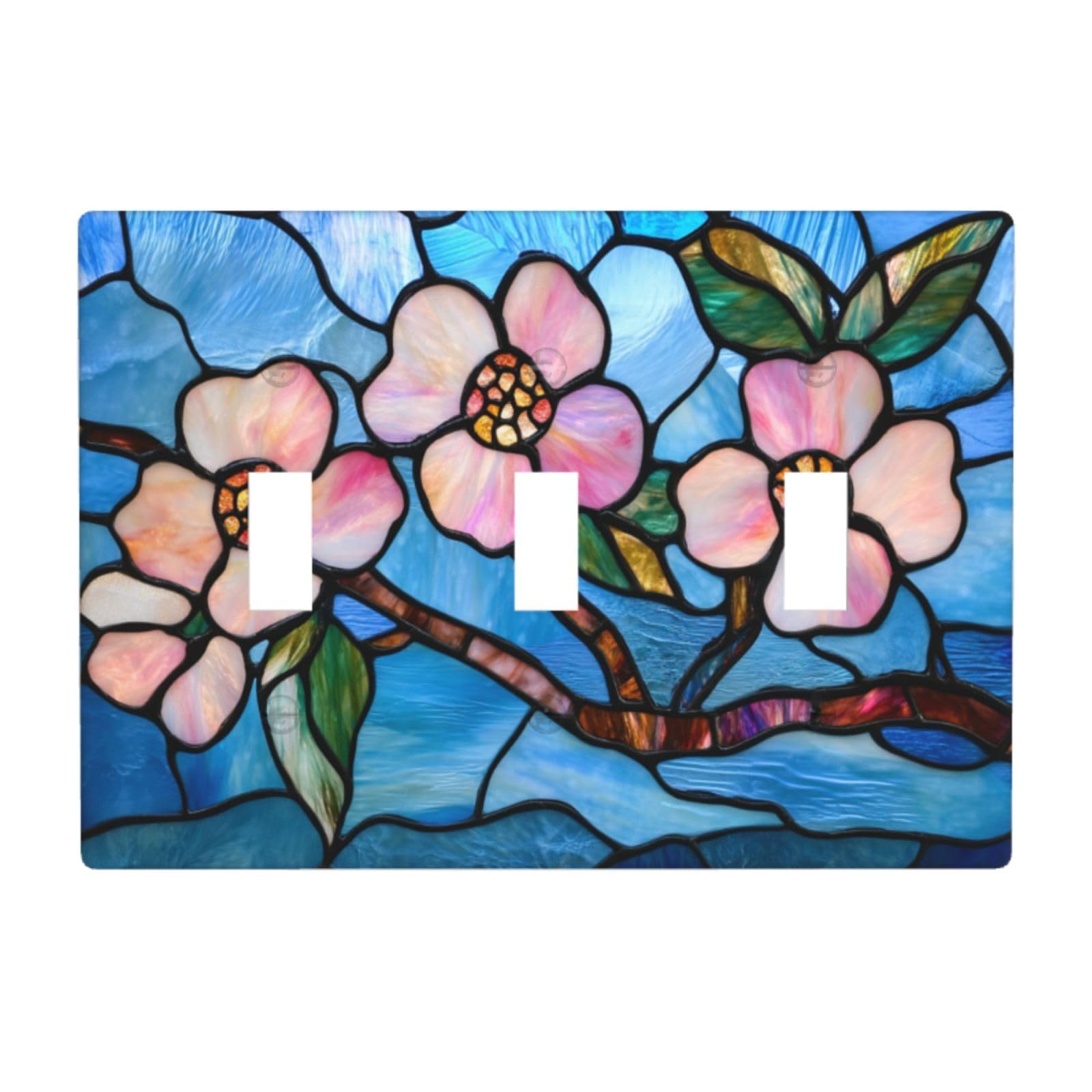 Stained Glass Pink Flowers On The Branch Light Switch Covers 3 Gang Triple Toggle Wall Plate Switchplate Electrical Faceplate for Bathroom Kitchen Bedroom Decor