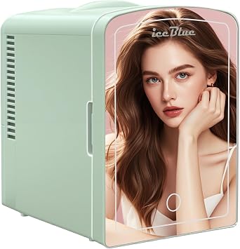 Iceblue Mini Fridge, 6 Liter /9 Cans Makeup Fridge with LED Mirror Green