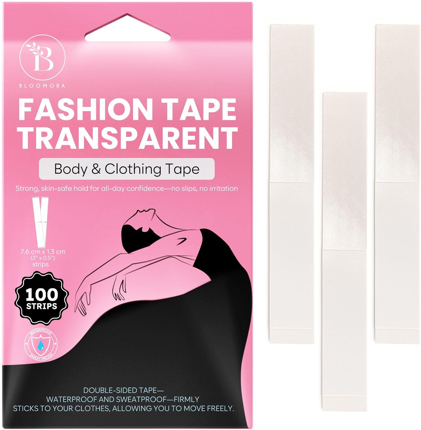 BLOOMORA Fashion Tape - Adhésif Double Face Peau &amp; Vêtement – 100 Bandes Transparentes (7,6 x 1,3 cm) – Scotch Vêtement Peau Imperméable – Body Tape, Scotch Tissu, Ruban pour Robes - Édition Pink Mist