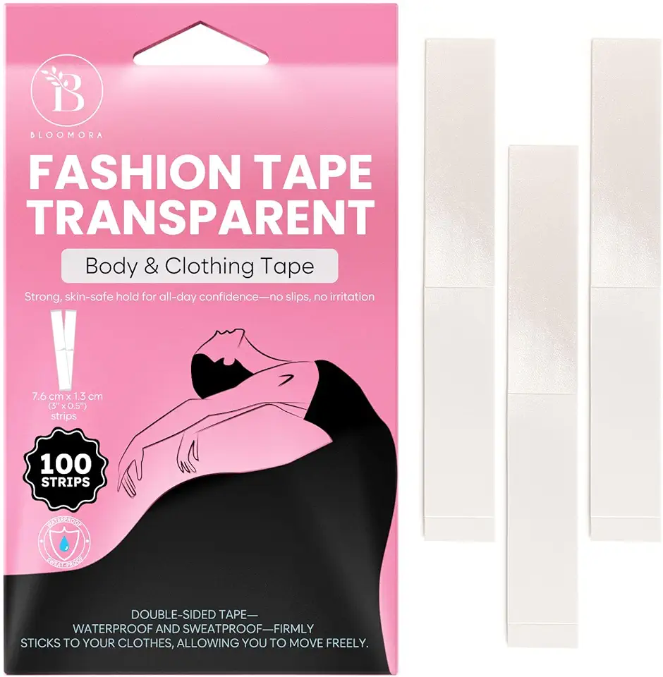 BLOOMORA Fashion Tape - Adhésif Double Face Peau &amp; Vêtement – 100 Bandes Transparentes (7,6 x 1,3 cm) – Scotch Vêtement Peau Imperméable – Body Tape, Scotch Tissu, Ruban pour Robes - Édition Pink Mist