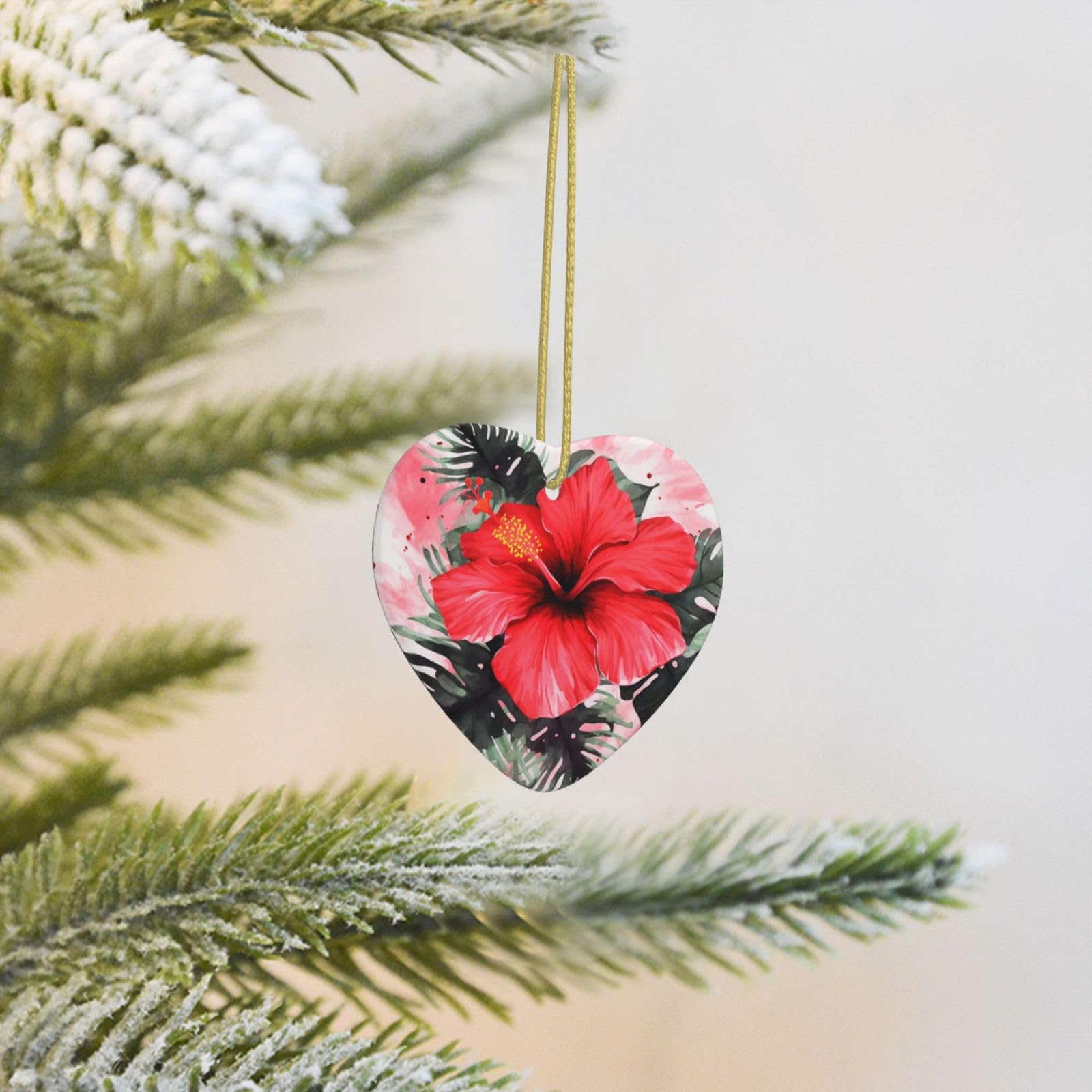 2025 Christmas Tree Decoration Hanging Heart Ornament Red Hibiscus Ceramic Ornaments Christmas Tree Decorations Round Pendants for Xmas Tree Winter New Year Party Supplies