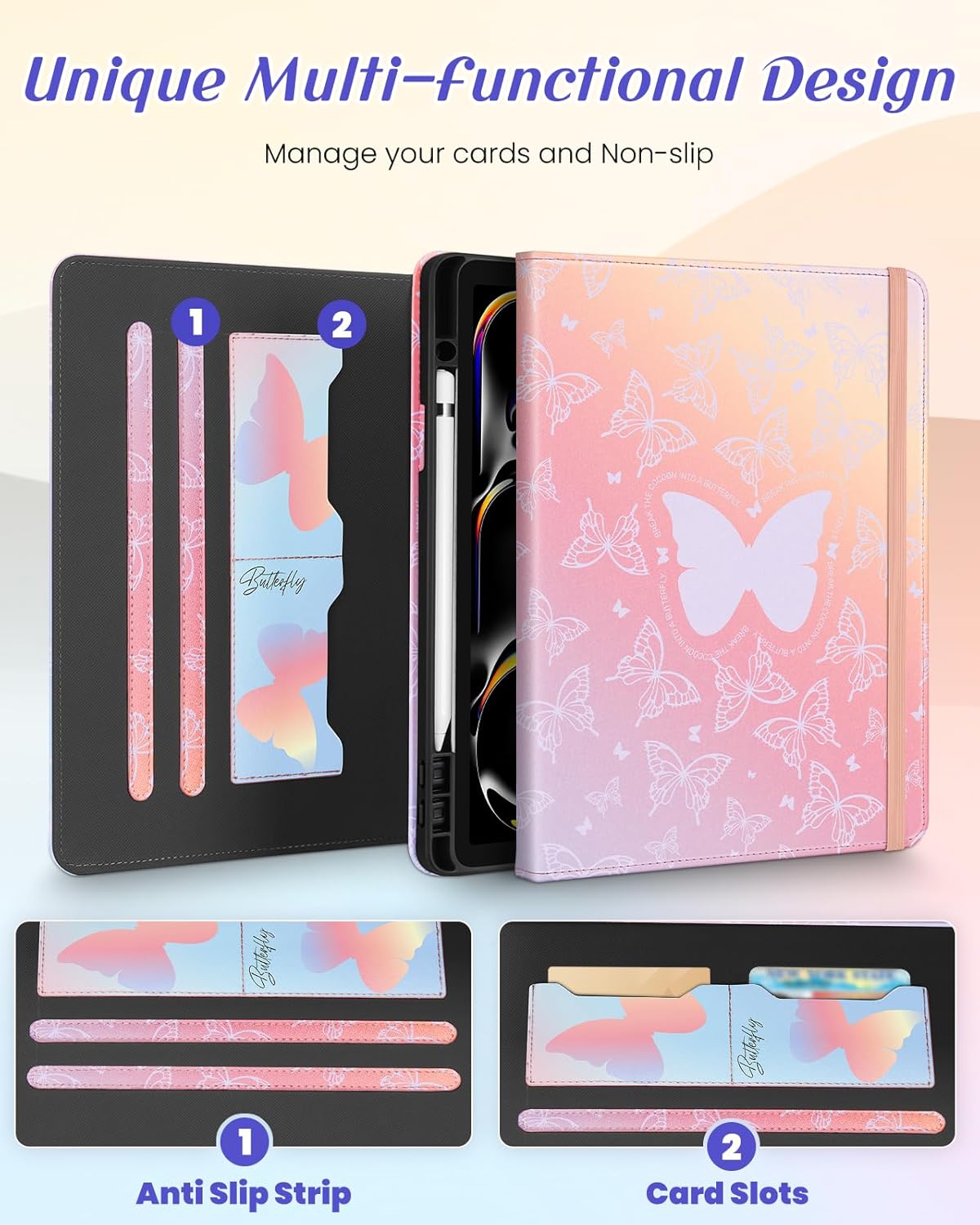 Kidcube for iPad Pro 13 Inch Case M4 2024 - Women Girls Kids Cute Rotating Stand Folio Cover with Pencil Holder & Card Slot Kawaii Butterfly Design for iPad Pro 13 Inch Case 2024 (A2925 A2926 A3007)