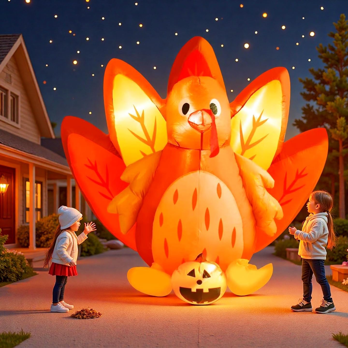 5FT Halloween & Thanksgiving Inflatable Turkey&Pumpin,with Built-in LED Lights, Outdoor/Indoor Seasonal Decoration with Pumpkin, Yard Lawn Garden Holiday Blow-Up Decor