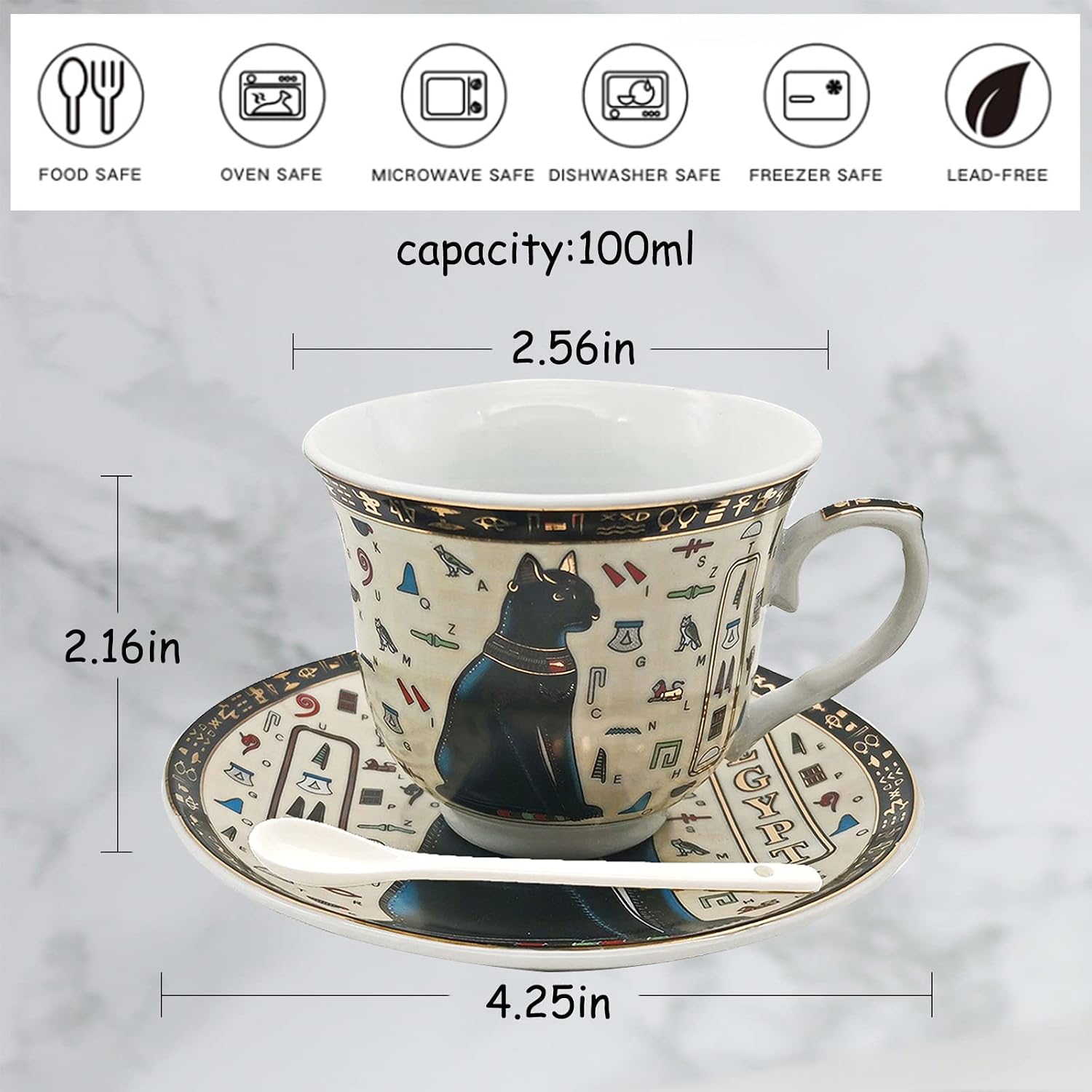 Egyptian Golden Ceramic Coffee Espresso Cups and Saucers Set, Demitasse Cup 3.4oz/100ml Tea Cup Set Porcelain Gift for Birthday Family Friends (Beige and Black)