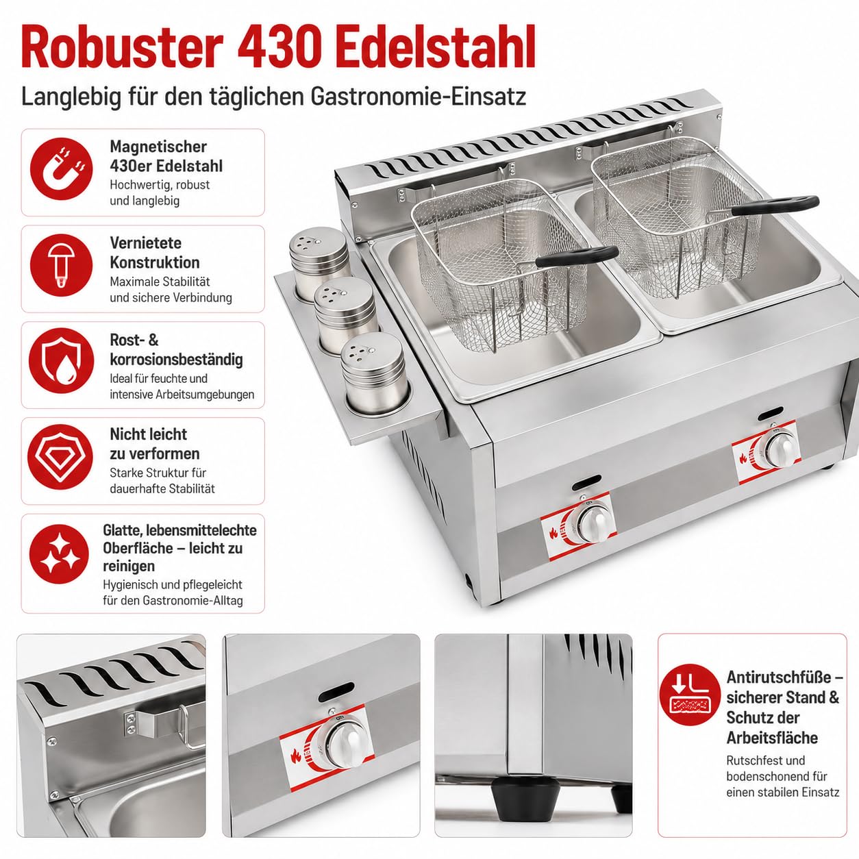 Gas Fritteuse, Doppeltank 2x6L, 50-380°C, Edelstahl, Gastronomie | 430 Edelstahl,genietet,LPG,Deckel,Körbe,Abtropfhaken,Gewürzbecher,Antirutschfüße,Wärmeabzug,Flammfenster,energiesparend