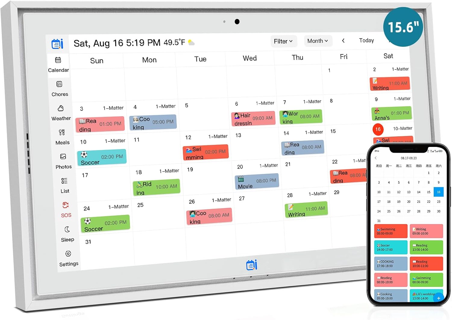 15.6 "Digital Calendar & Chore Chart, For Family Scheduling, Meal Planning, Task Rewards, Video Call，Online Sync With Mobile App, 32G Memory Smart Digital Photo Frame, Desktop Stand And Wall-Mounted