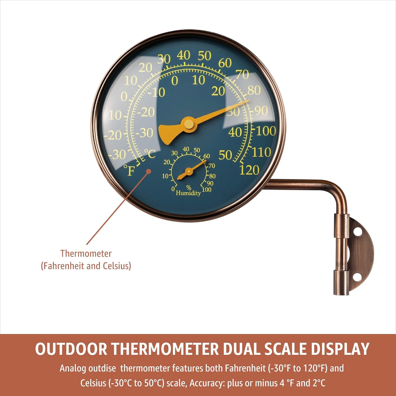 4-Inch Outdoor Thermometer and Humidity Gauge, Window Thermometer for Outside Temperature and Humidity Monitor, Brass Analog Dial, Battery-Free for Patio, Garage, Greenhouse, Garden, Wall