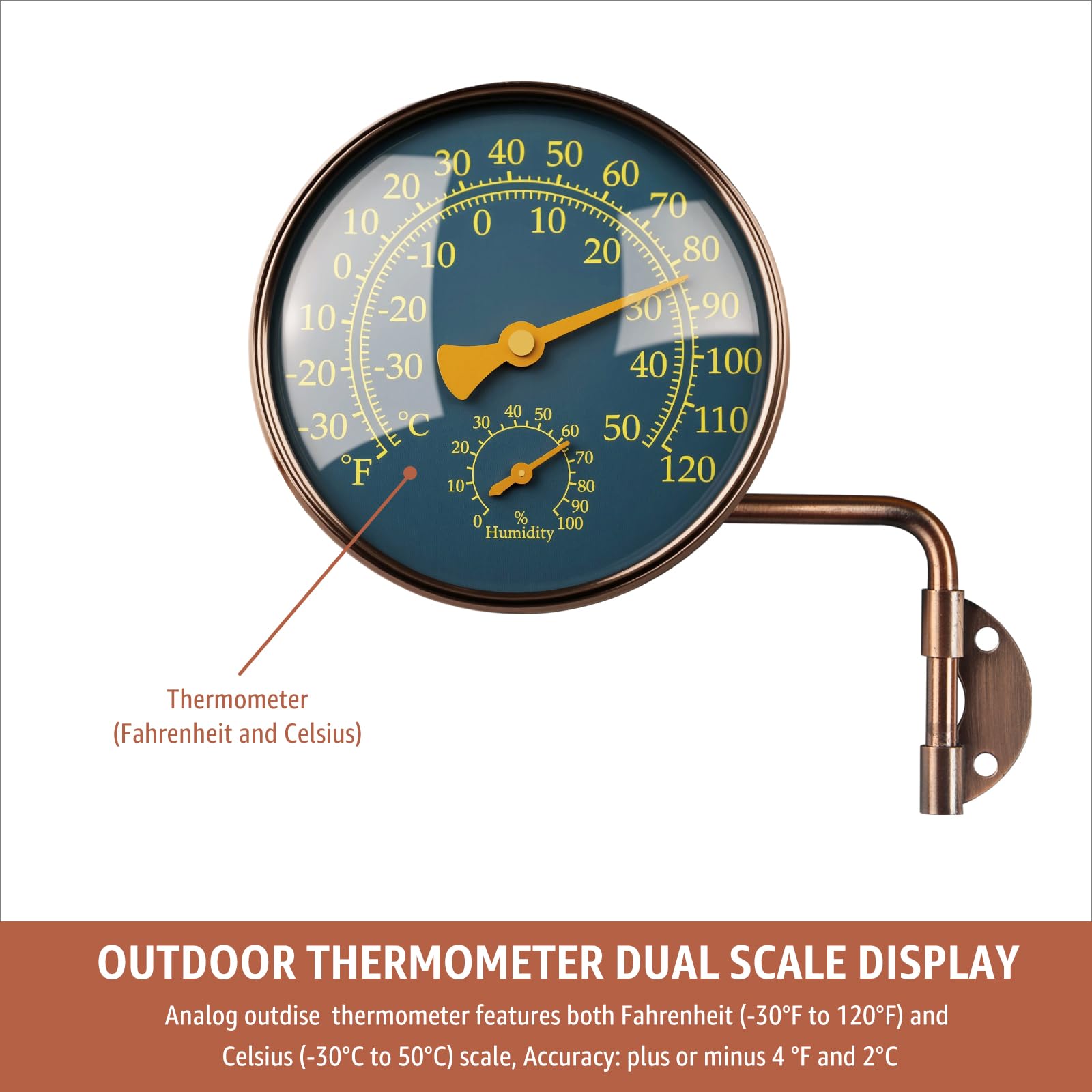 Termómetro de latón para exteriores de 4 pulgadas, medidor de temperatura analógico para patio, invernadero y garaje