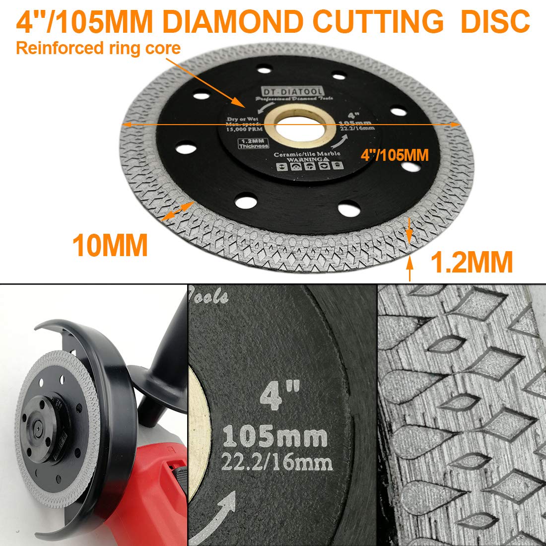 DT-DIATOOL Diamond Tile Blade 4 Inch 5pcs Diamond Turbo X Mesh Rim Segement Circular Saw Blade for Procelain Ceramic Stoneware Marble Granite Fits 5/8"-7/8" Arbor