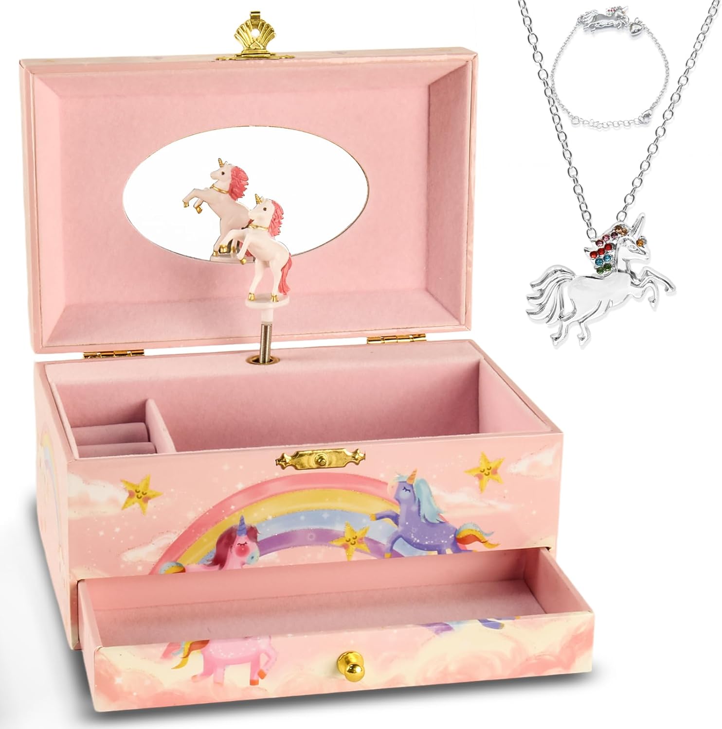 Pink Unicorn Musical Jewelry Box Gift Set for Girls – Plays Beautiful Dreamer Tune – Includes Unicorn Necklace, Bracelet, Drawer, and Rotating Figurine.