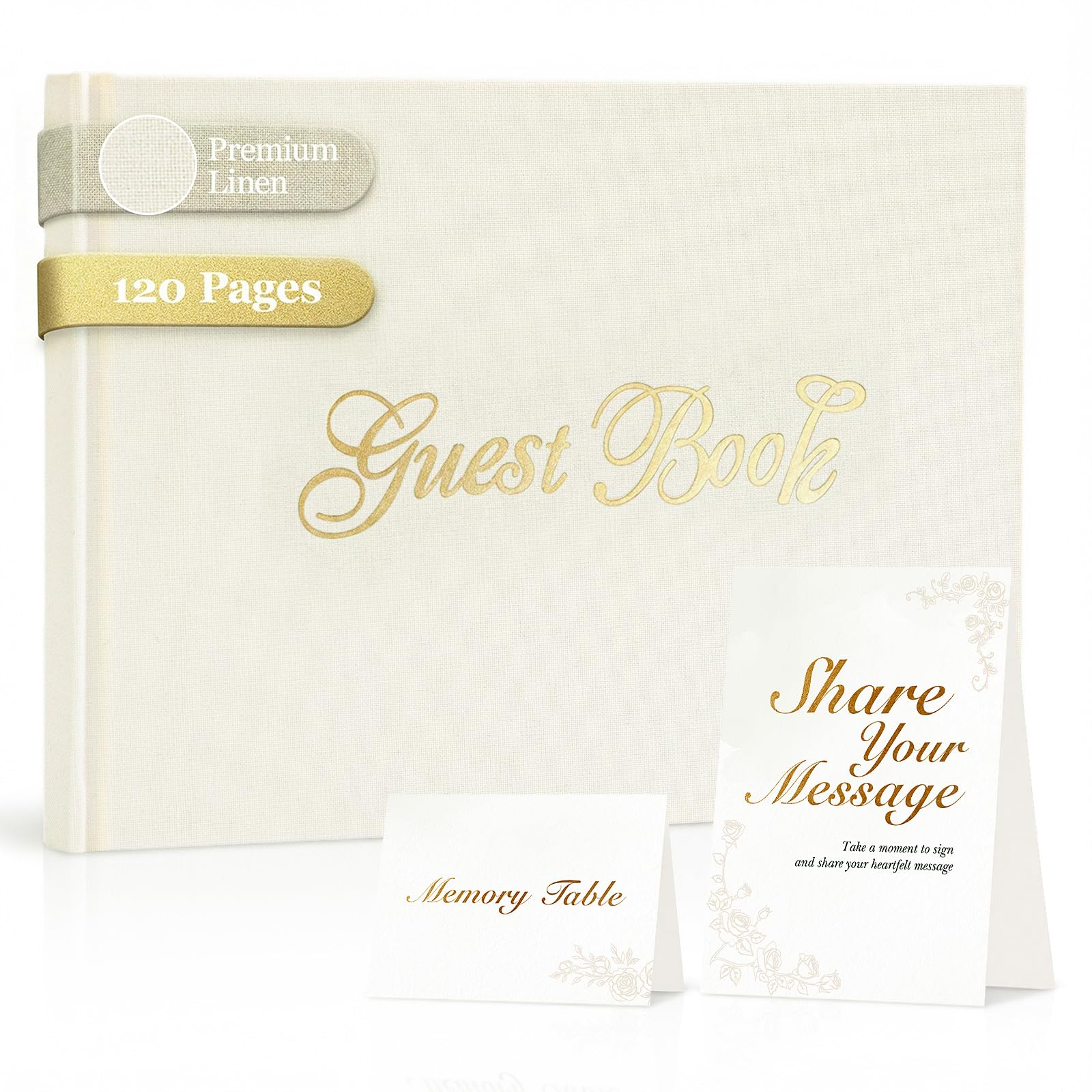 Wedding Guest Book Set, White Linen Hardcover, Gold Foil, 120 Blank Pages