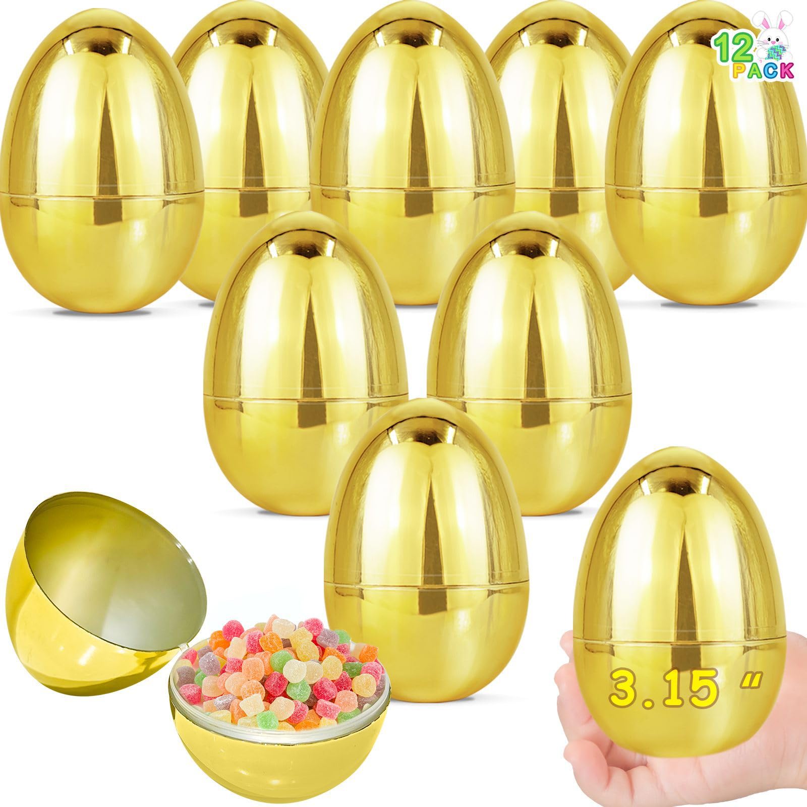 Photo 1 of 12 Pack 3.15" Large Golden Easter Eggs Empty, Shiny Metallic Plastic Easter Eggs Fillable Surprise Gold Eggs for Easter Basket Stuffers Fillers Easter eggs Hunt Party Favor Classroom Prizes Supplies
