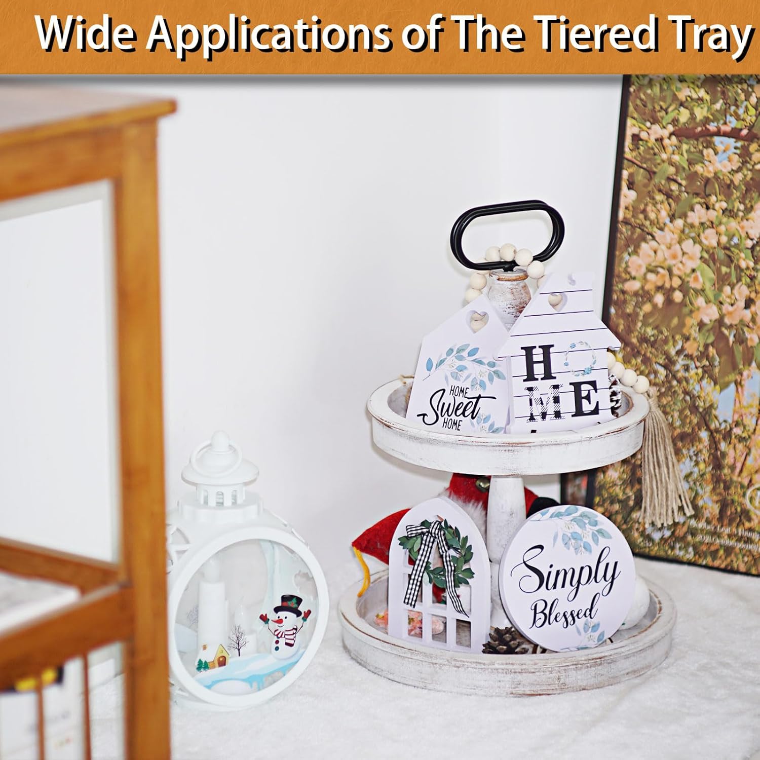 Krismax Decorative Trays-Two Tiered Tray Stand Rustic Decor Farmhouse 2 Tiered Tray Serving Tray Seasonal & Holiday Decoration Wooden Tray