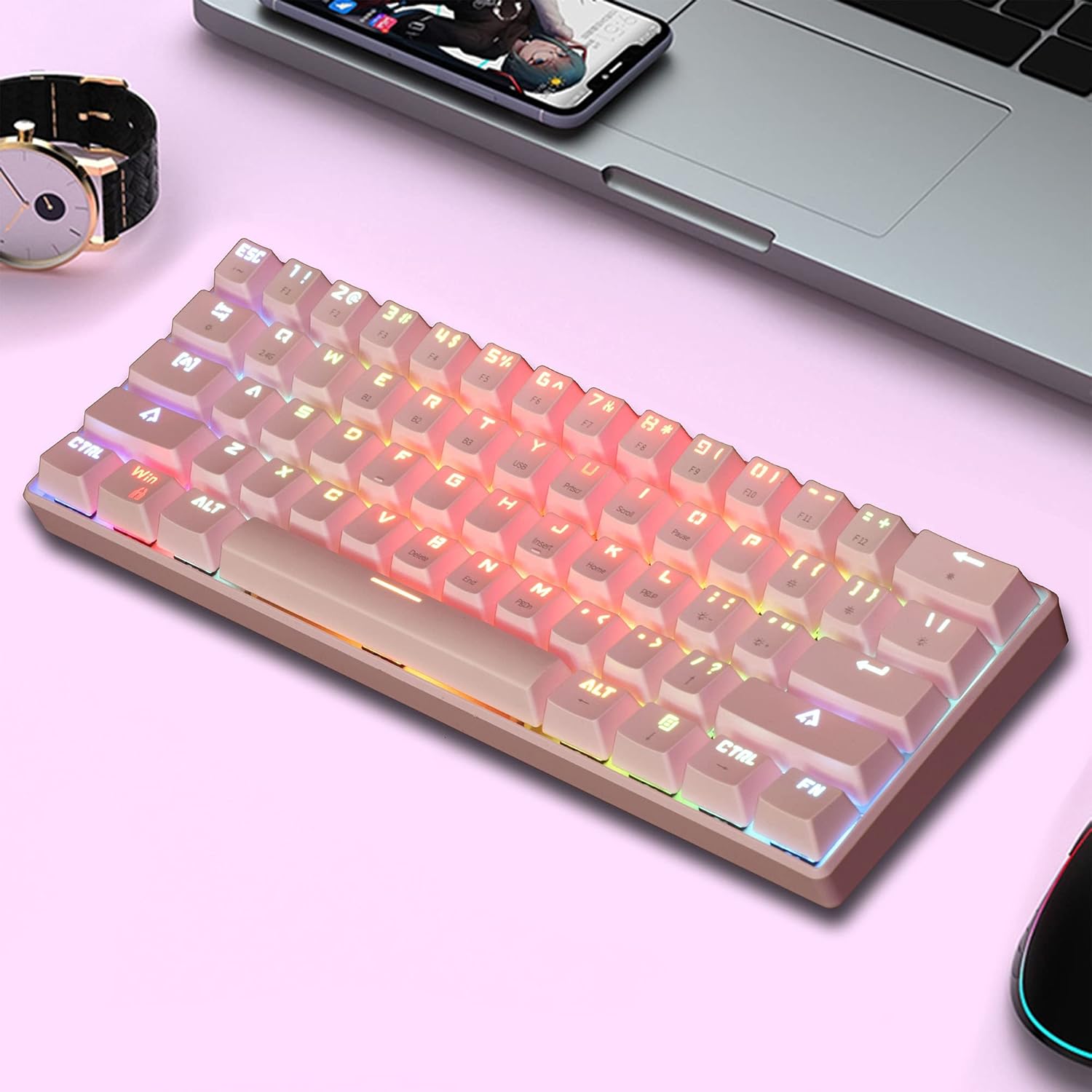 CHICHEN 60% Mechanical Keyboard Three Models Compact with BT5.0/2.4G/USB-C,61 Keys Both Wired/Wireless RGB Backlit,Portable Mini Gaming Keyboard for PC/Mac(Blue Switch,Pink)