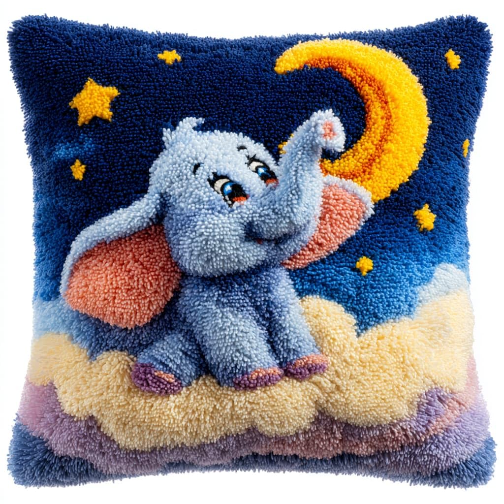 Taxpy Latch Hook Kit, Elephant and Moon Pillow Latch Hook Embroidery Kits DIY Crochet Yarn Pillowcase Sewing Making Kits Embroidery Kit 43x43cm