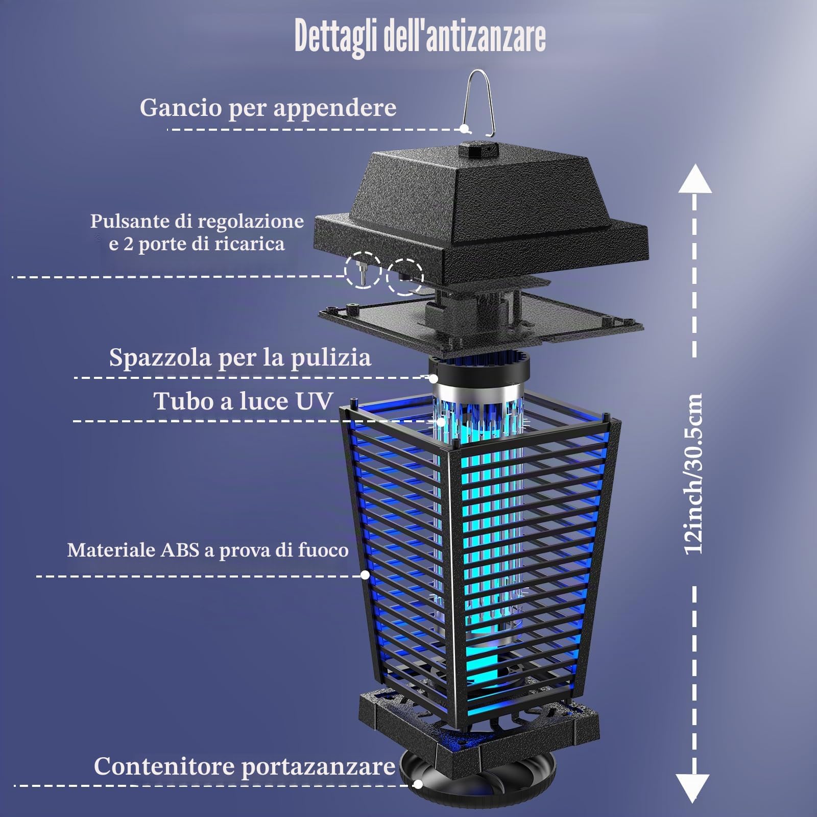 PALONE Solare Lampada Antizanzare Elettrica 2600mAh 4500V | Ricaricabile Zanzariera Elettrica, USB Lampada Zanzare con 7,5W/5V Pannello Solare & Cavo 3,6m per Esterno Interno e Giardini