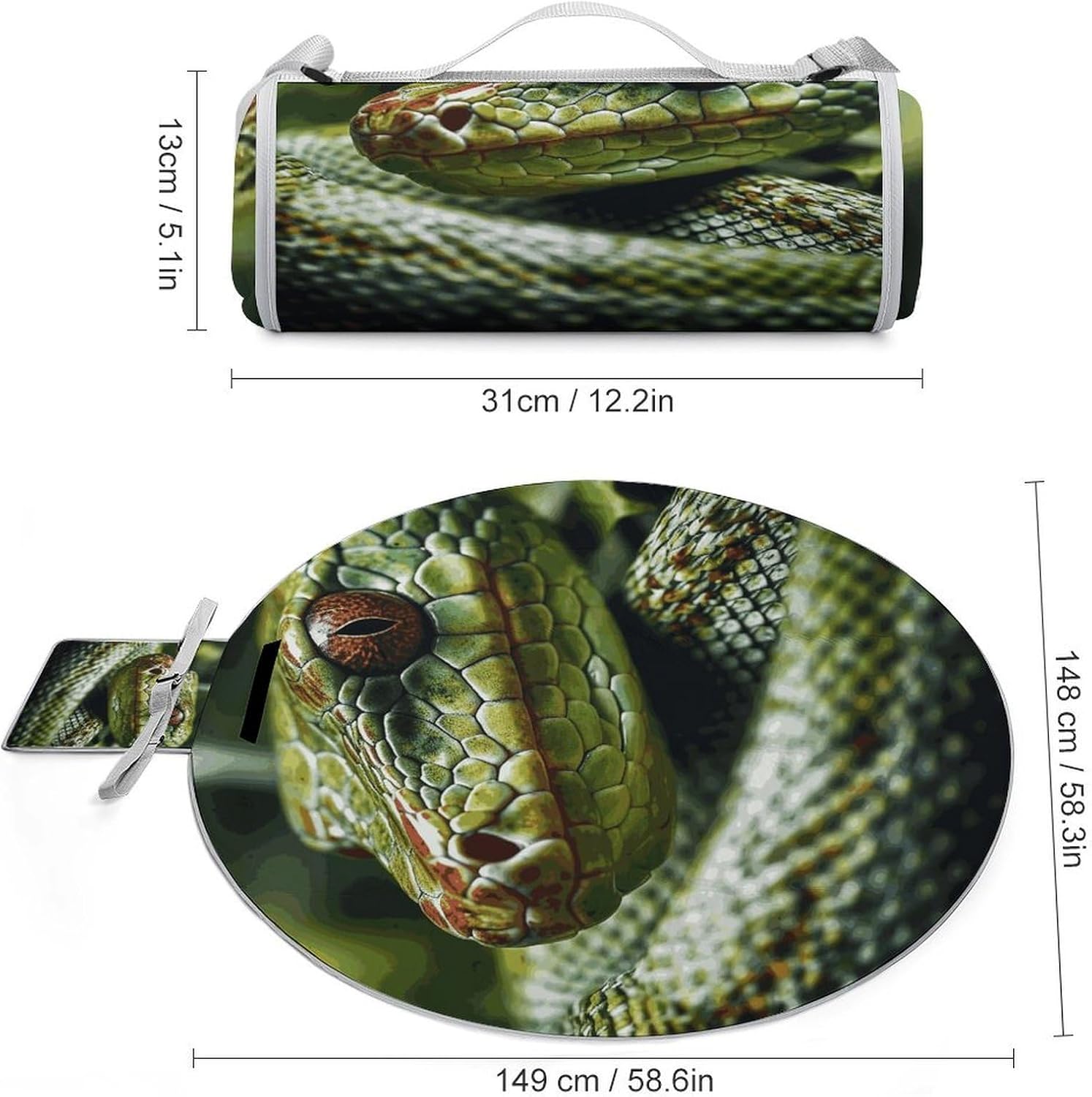 Green Snake Picnic Mat Lightweight Waterproof Picnic Blankets Extra Large Picnic Outdoor Blankets Foldable Sandproof Beach Blanket for Park Beach Camping Courtyard 58.3''x58.3''