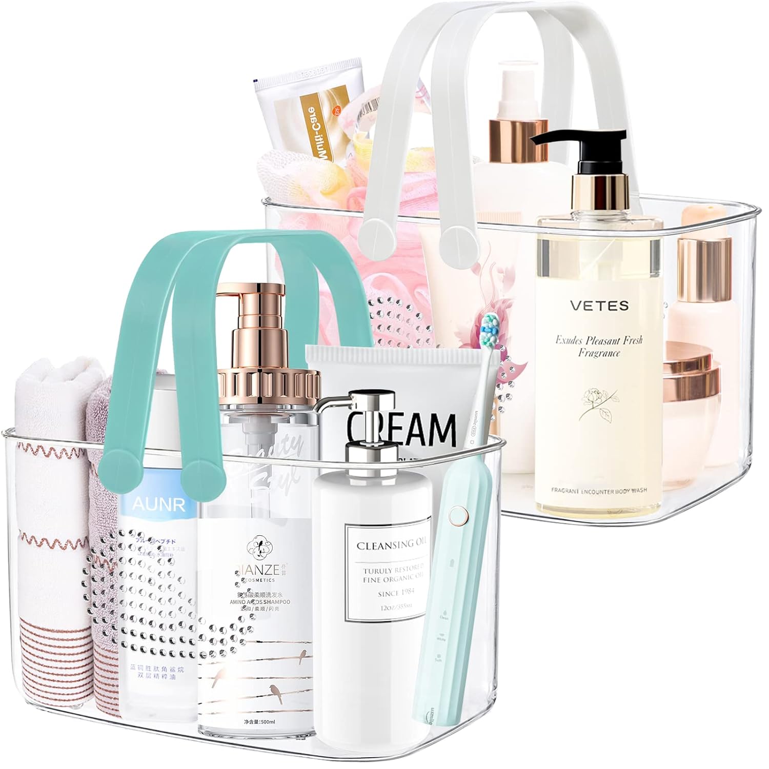 FODIENS 2 Pack Plastic Shower Caddy Basket Portable Shower Caddy Tote Storage Basket with Handles Clear Cleaning Supplies