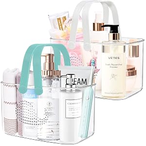 FODIENS 2 Pack Plastic Shower Caddy Basket Portable Shower Caddy Tote Storage Basket with Handles Clear Cleaning Supplies