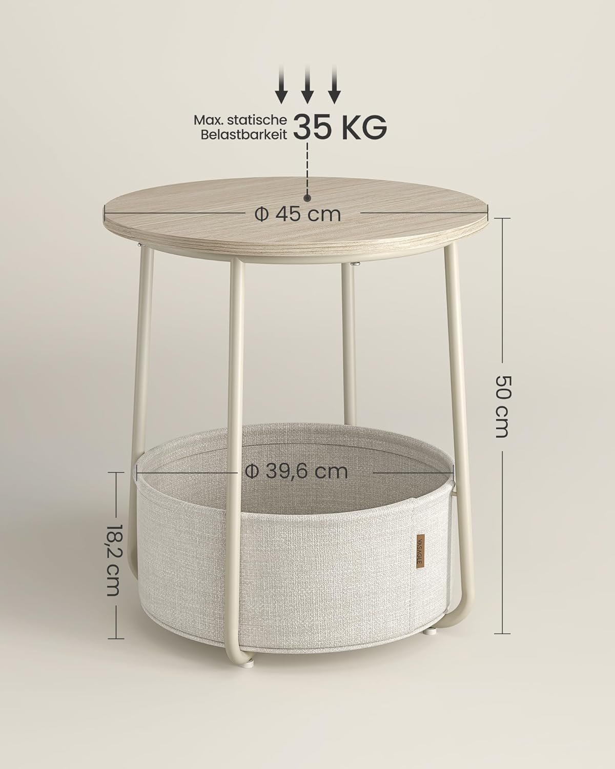 VASAGLE Round Side Table with Fabric Basket, Natural Beige/Cream White