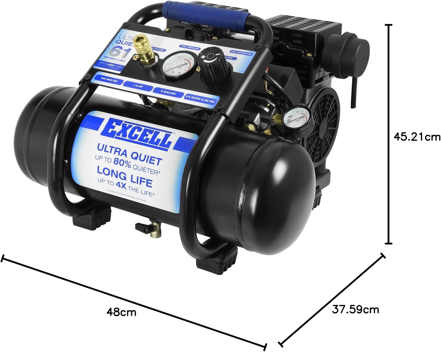 EXCELL SAC22HPE Air Compressor with dimensions indicated