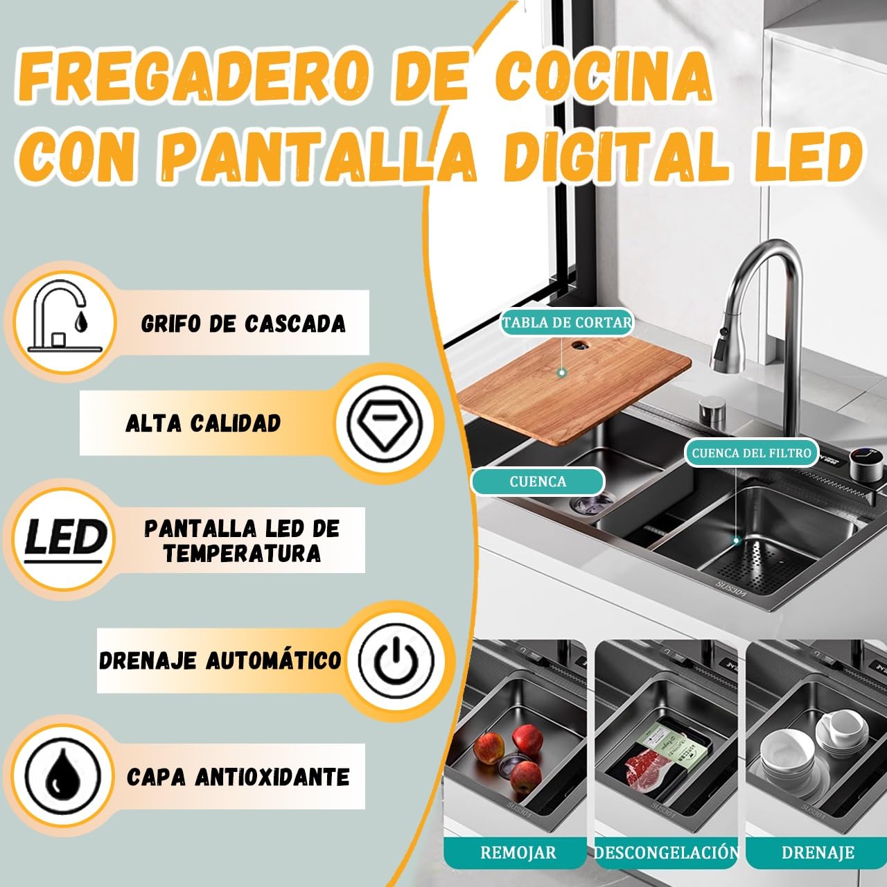 85x45cm Fregadero De Cocina De Con Cascada Negro, Lugar De Trabajo Grifo De Cascada LED, Tabla De Cortar Deslizante Y Fregadero De Tazas De Alta Presión, Compacto Y Multifuncional