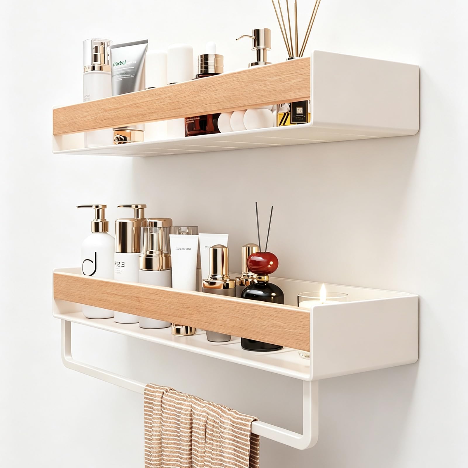 Badezimmer Wandregal ohne Bohren, Duschablage aus Kohlenstoffstahl mit Holzoptik, Wandorganizer mit Absturzsicherung, abnehmbares waschbares Fach, für Bad, Küche, Mietwohnung(White,40CM)