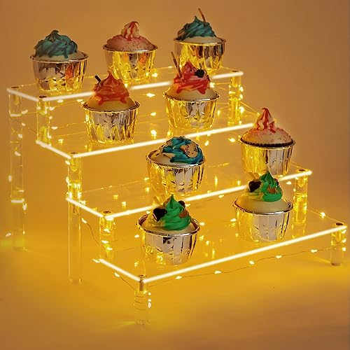 weddingwish Soporte de exhibición de acrílico escalonado con luz, soporte transparente de 4 niveles, elevadores de exhibición de acrílico para