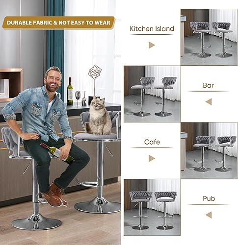Miniatura 7 de Juego de 2 taburetes de bar giratorios de terciopelo, modernos taburetes de bar ajustables con respaldo tejido, taburete de bar de altura de