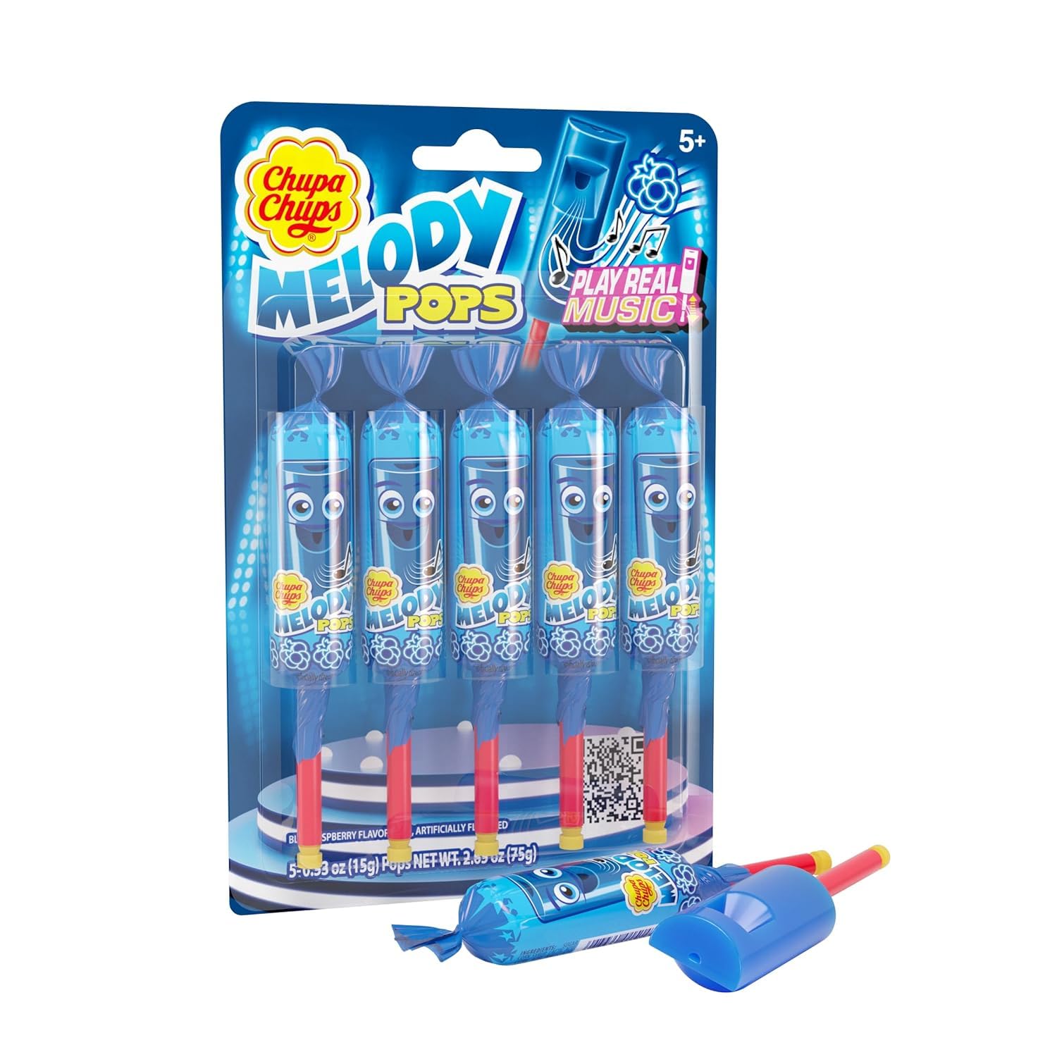 Chupa Chups Melody Pops, Whistle Lollipops, Blue Raspberry, 5 count