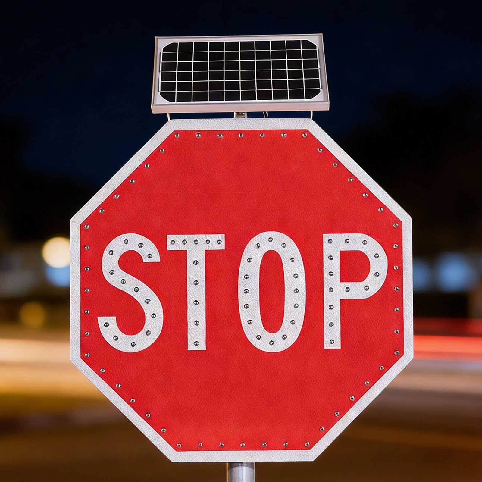 Señal de Stop con Energía Solar y LED Parpadeantes - Luz de Advertencia 24/7, Señal Exterior de 60×60cm, Sensor Automático de Anochecer/Amanecer para Intersecciones y Campus