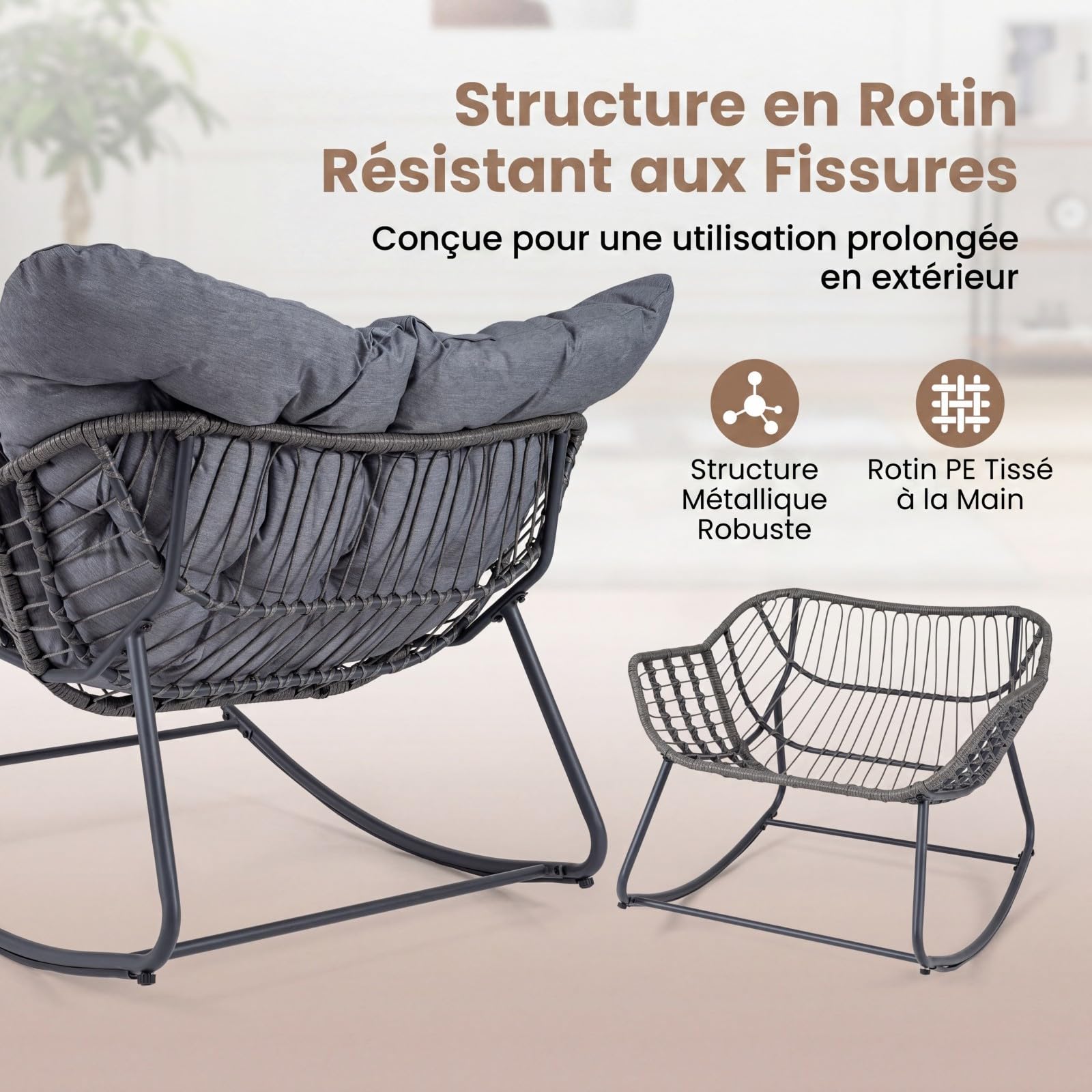COSTWAY Fauteuil à Bascule Exterieur Interieur avec Repose-Pieds, Chaise de Jardin en Rotin PE & Métal, Coussin Épais Amovible, Fauteuil Œuf pour Balcon Terrasse Jardin Salon, Charge 150+75 kg (Gris)