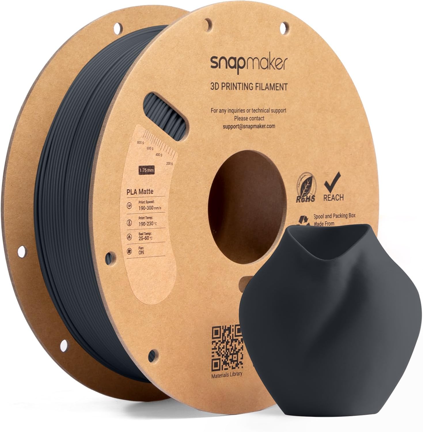 Snapmaker Matte PLA Filament 1.75mm, RFID 3D Printer Filament for Snapmaker U1, Dimensional Accuracy +/- 0.02mm, 300mm/s High Speed Printing Clog-Free for Most FDM Printers,1kg(2.2lbs) Carbon Black