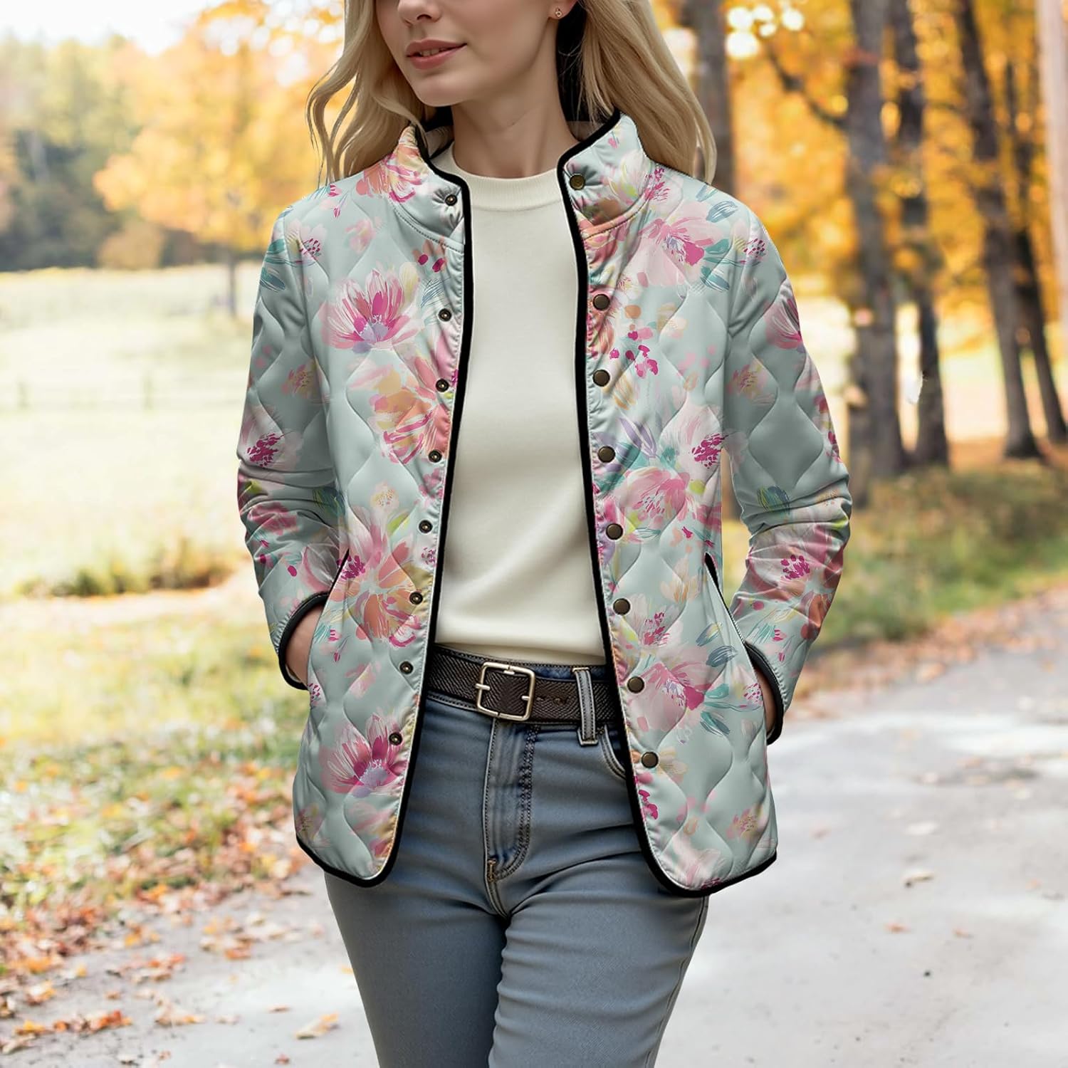 DMOYALA Women's Puffer Jacket Floral Print Lightweight Quilted Jacket Stand Collar Fall Winter Coat Outerwear with Pockets