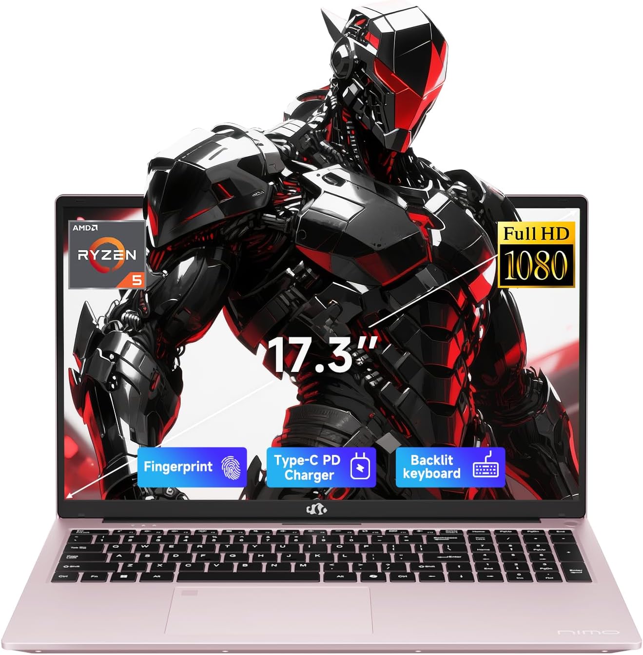 NIMO 17.3" IPS FHD-Gaming-Laptop, AMD Ryzen 5 6600H 32GB DDR5 RAM 1TB SSD (Beat i7-1165G7 Up to 4.5GHz) Radeon 660M GPU-Computer with 100W Type-C Charger Backlit Keyboard Fingerprint