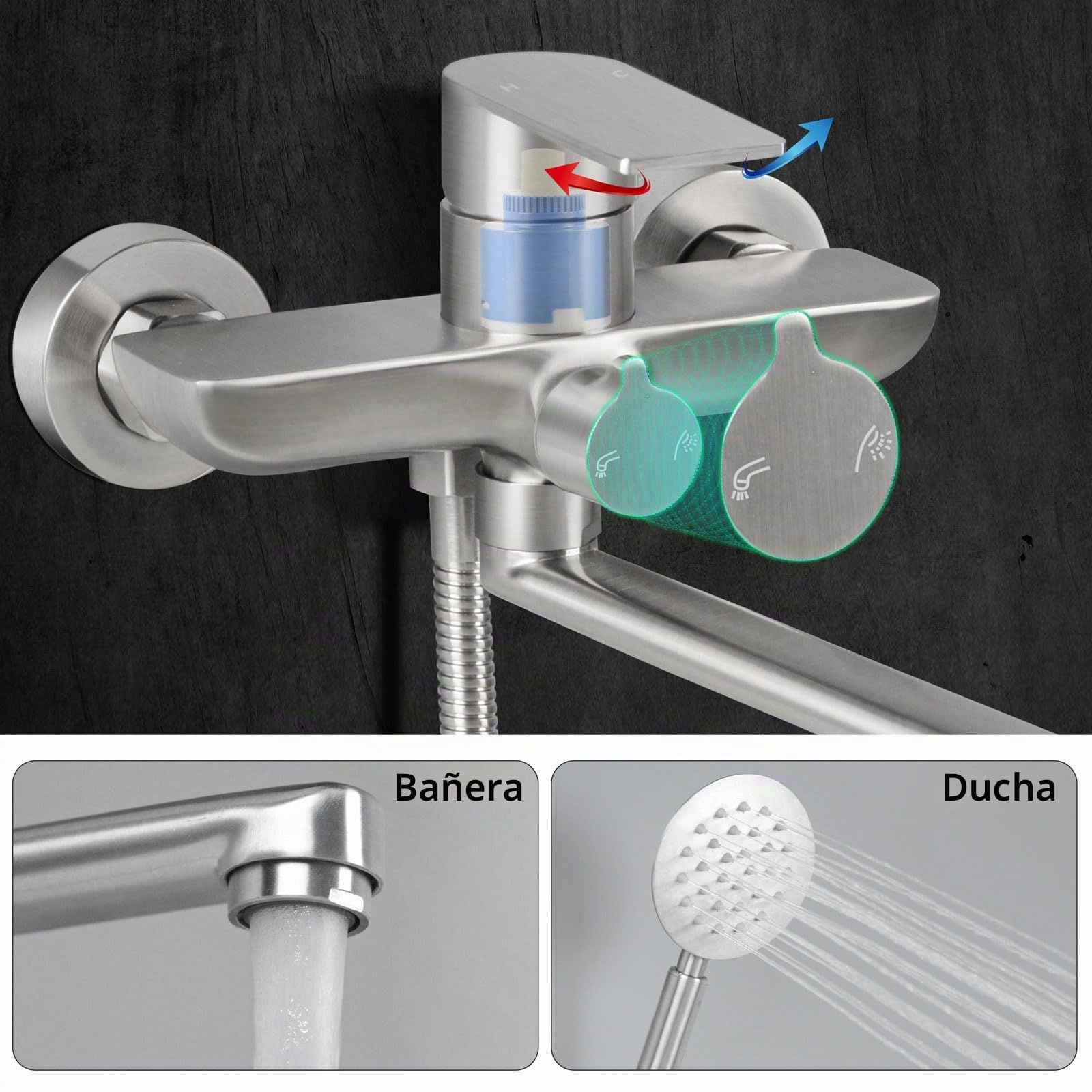 Grifo de Bañera con Ducha, Grifo de Bañera Caño Largo 30cm, Mezclador Ducha Montado en La Pared, Acero Inoxidable Cepillado, 8Y2OK