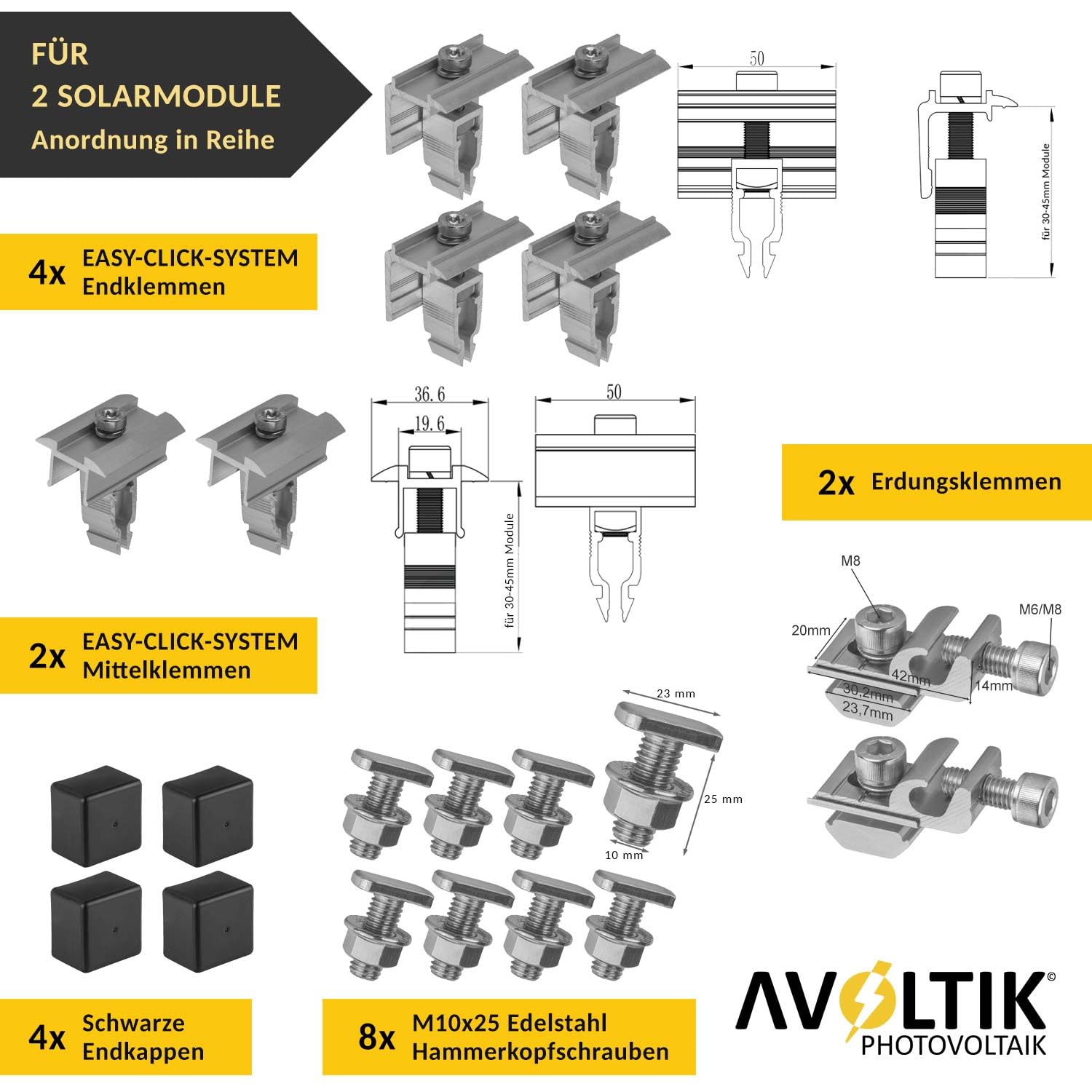 PV Halterung Blechdach Montageset – Balkonkraftwerk – inkl. 200 mm Stockschrauben M10, EPDM-Dichtung, 1,25 m Aluschienen & Modulhalter – für Trapez- & Wellblech