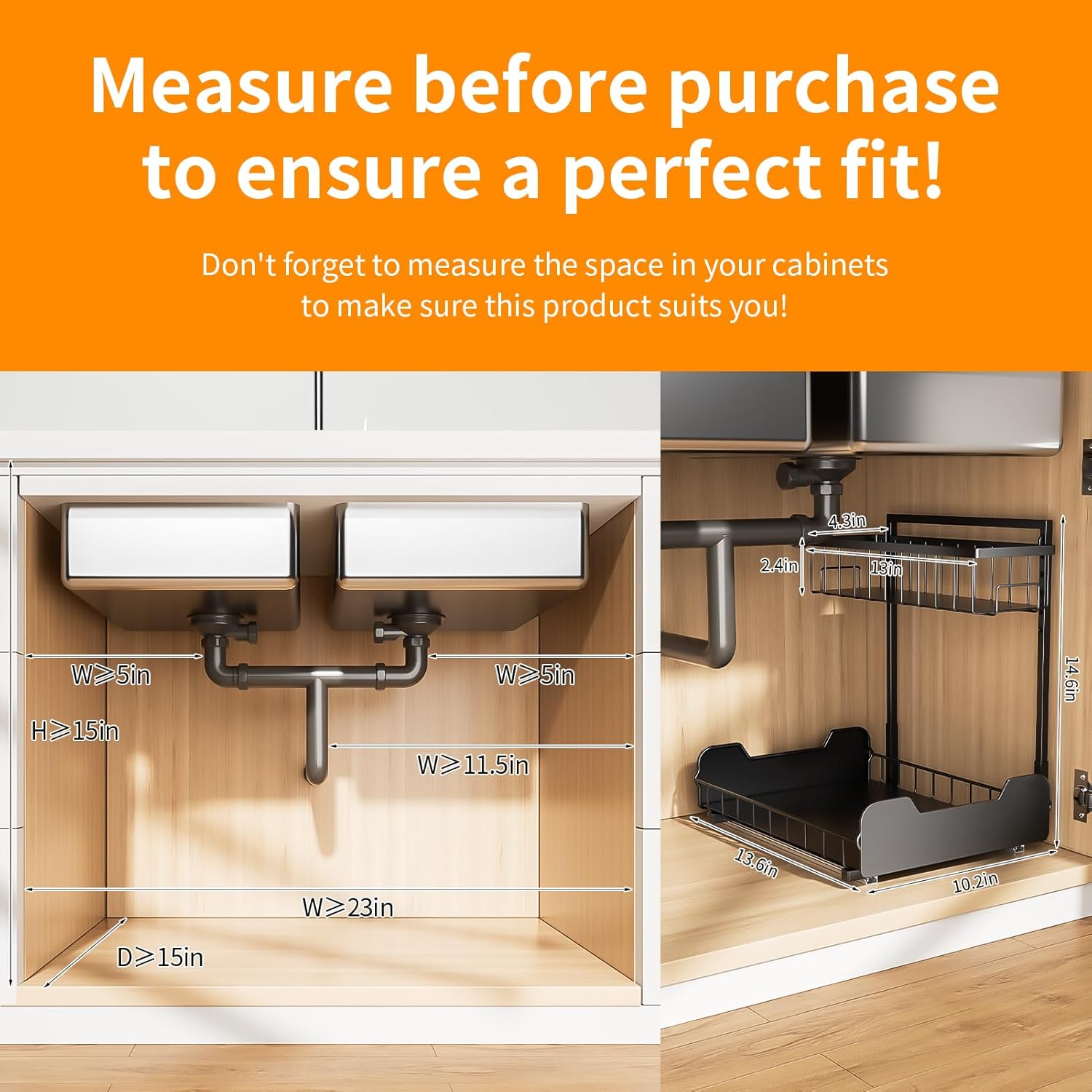 Under Sink Organizer, 2-Tier L-Shaped Pull Out Cabinet Shelf with 2 Installation Methods, Adjustable Sliding Storage Drawer for Kitchen, Bathroom, Laundry, Metal, Black - Image 8