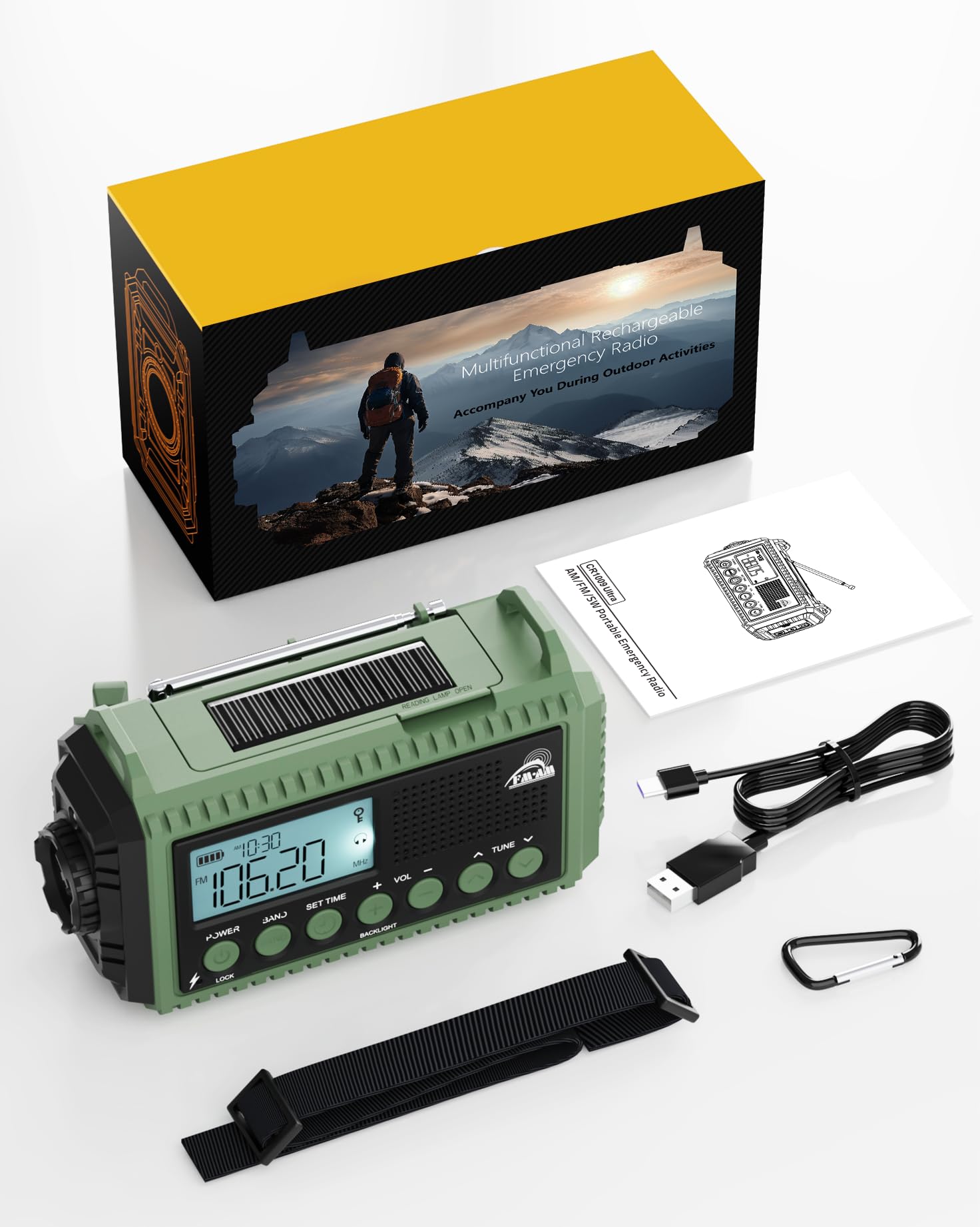 Roxicosly Radio d'urgence à manivelle AM/FM/SW - Radio solaire portable avec batterie de 12000 mAh - Écran LCD - Lampe de poche et lampe de lecture - USB - Alarme SOS, manivelle - Équipement d'urgence