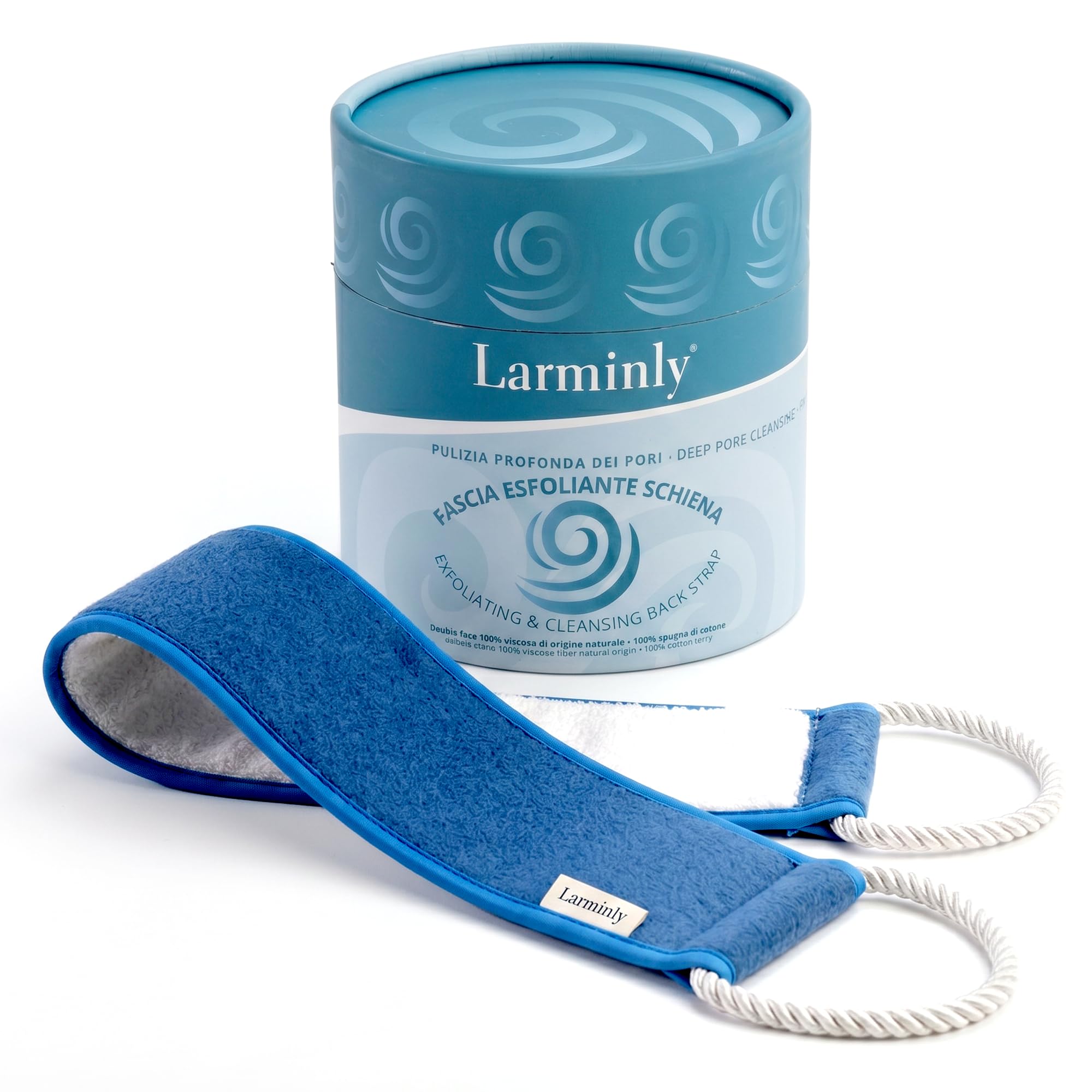 Larminly Fascia Esfoliante Schiena con Manici Doppia Faccia Viscosa e Cotone Lava Schiena Scrubber Doccia Corpo Unisex Confezione Elegante.