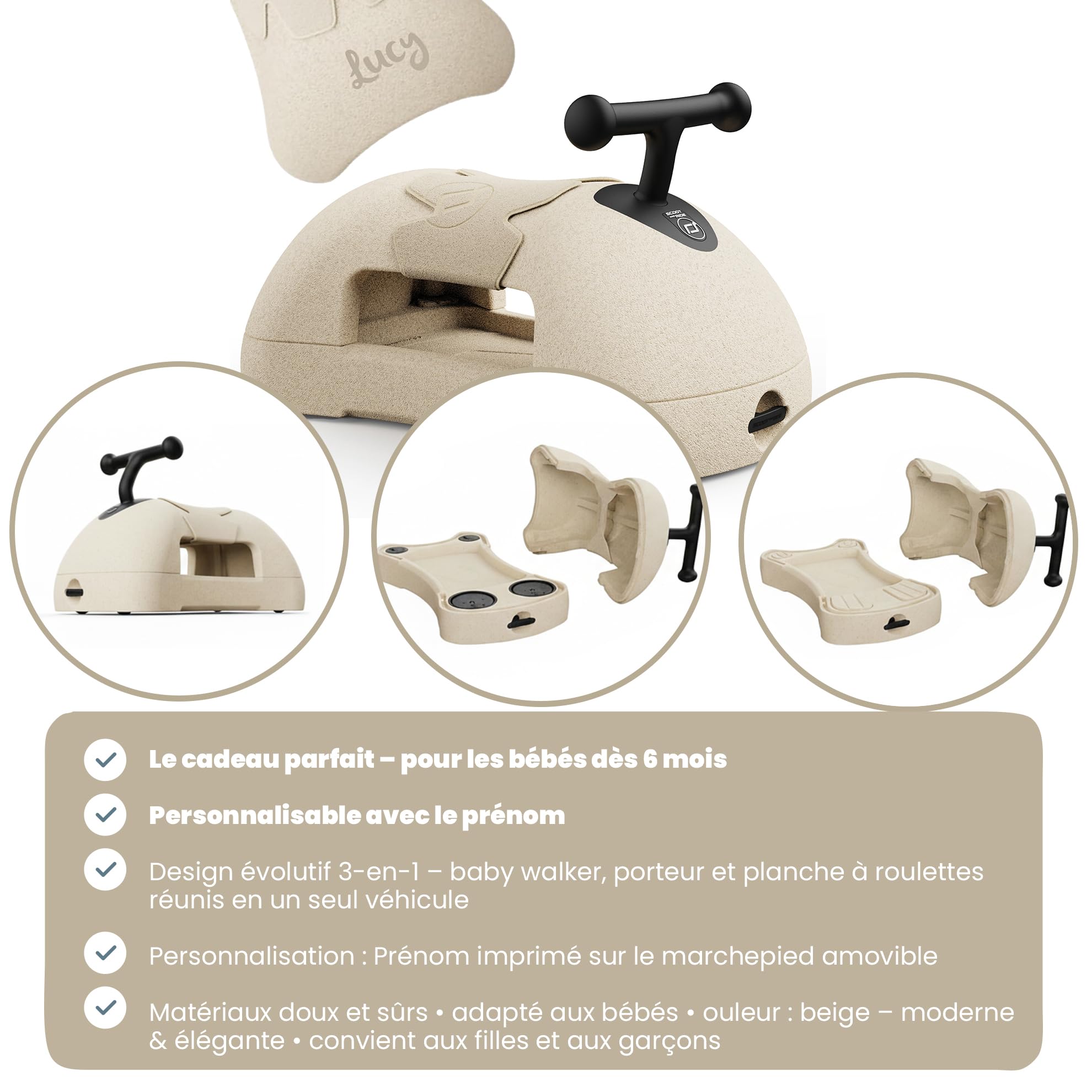 Scoot and Ride My First 3in1 Beige – Trotteur & Porteur 3-en-1 – pour bébés dès 6 Mois – personnalisé avec prénom