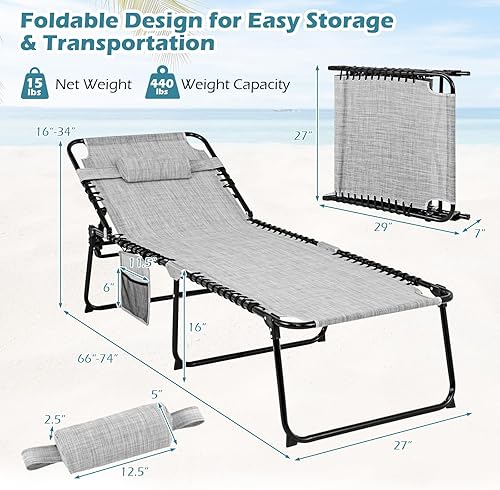 Miniatura 3 de Giantex Silla de descanso para exteriores, silla de bronceado plegable con 4 posiciones ajustables, reposacabezas extraíble, reposapiés, bolsillo