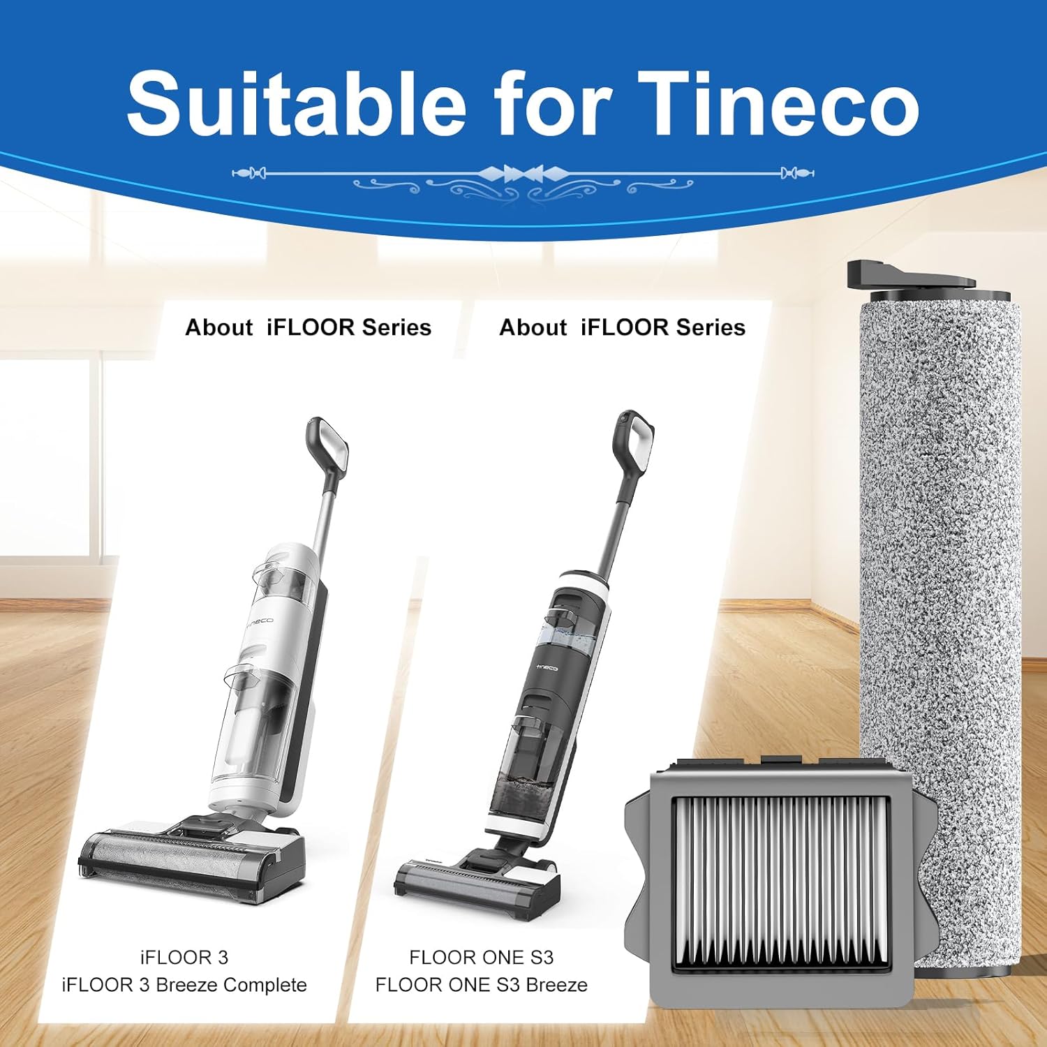 Vacuum Mop Replacement Parts Compatible with Tineco Roller Brush Replacement, Suitable with Ifloor 3 Series, Floor One S3 Series, Ifloor 5 Breeze Cleaner, Set Includes 2 Roller Brushes and 5 Filters