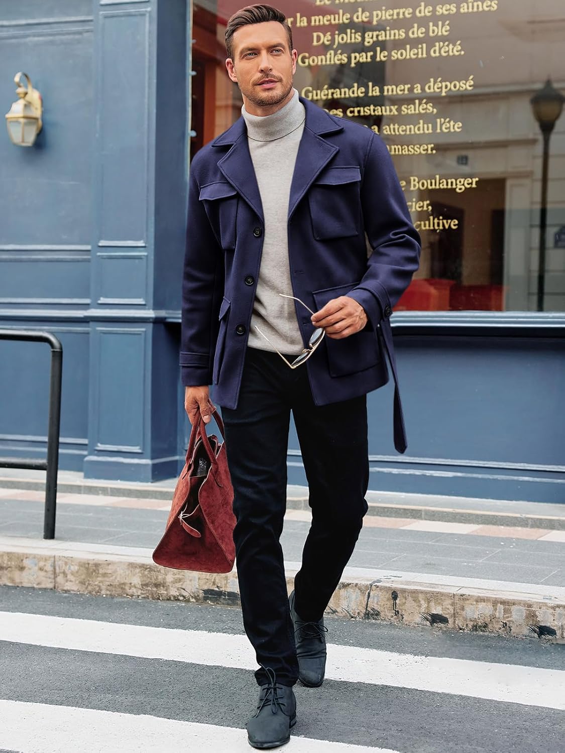 Pretifeel Mens Trench Coat Slim Fit Wool Blends Business Lapel Belted Overcoat Winter Casual Peacoat Jacket - Image 4