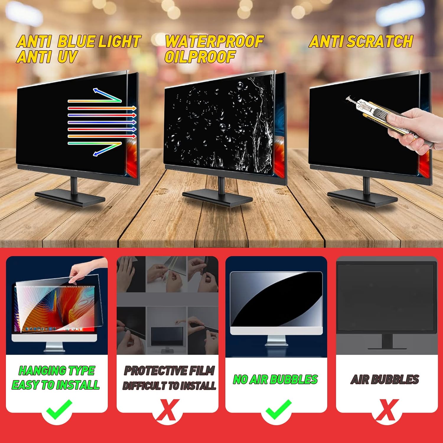 23~24 Inch Hanging Privacy Screen Filter, Computer Privacy Screen Panel, Privacy Filter Screen Protector Fits for 23"~24" Widescreen Monitors, Anti Glare, Blocking Blue Light