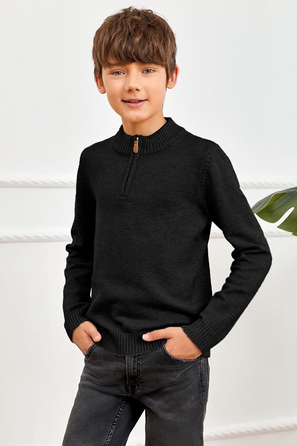 GAMISOTE Boys Sweater Quarter Zip Up Chunky Knit Mock Neck Warm Pullver Kids Knitwear - Image 4