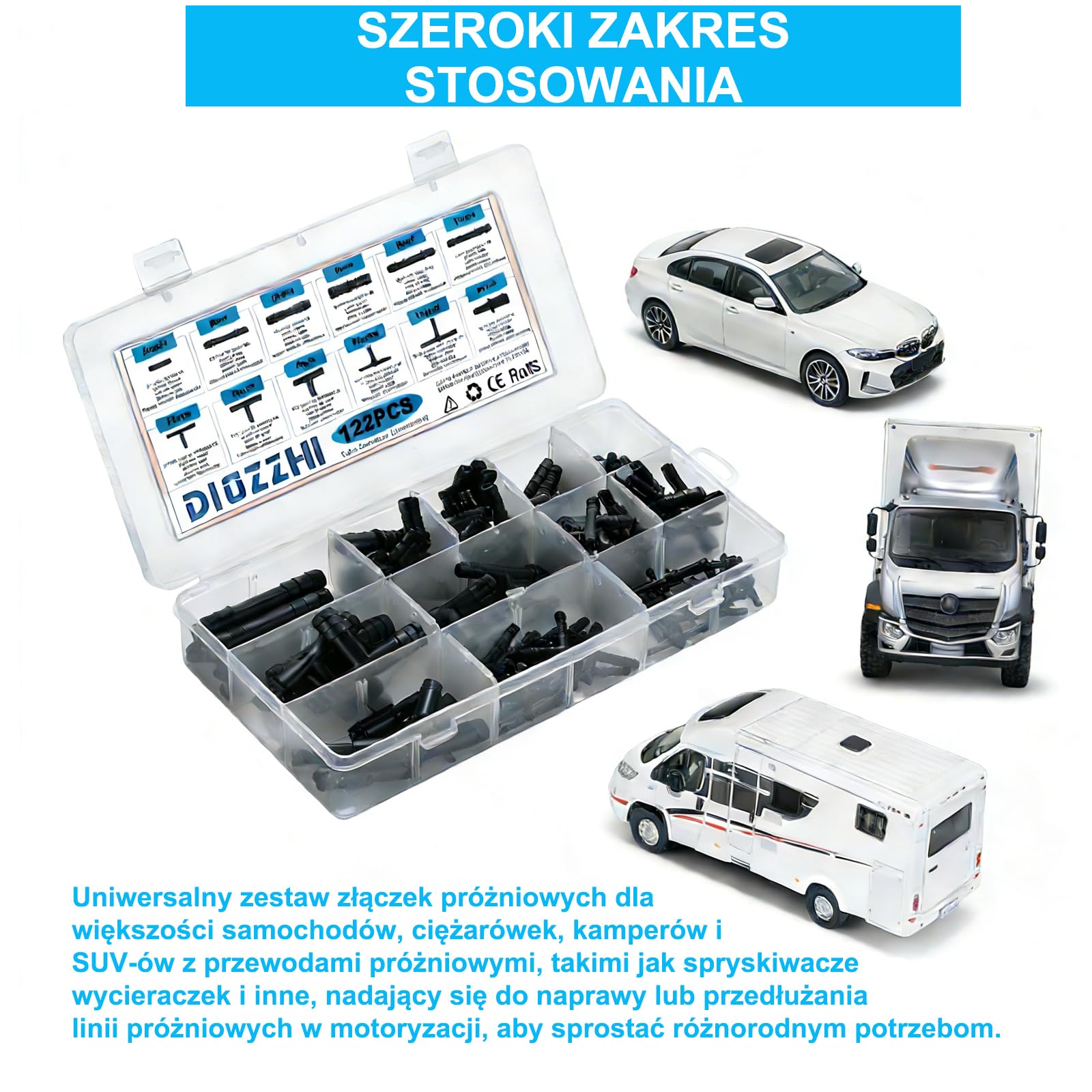 Zestaw 122 szt. kolczastych samochodowych złączy próżniowych, 12 rozmiarów, w tym nylonowa koszulka i złącza redukcyjne do wymiany węża próżniowego, czarne
