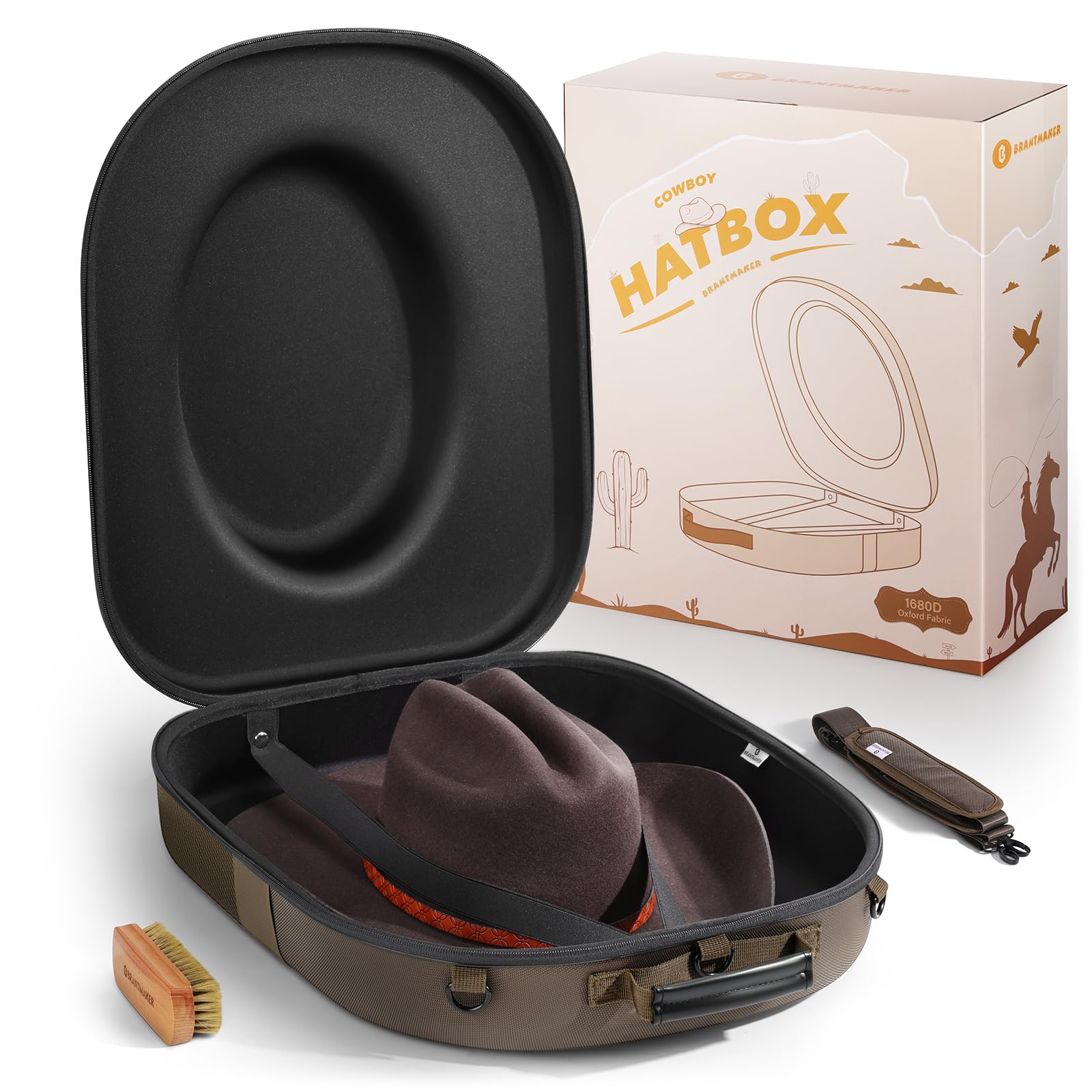BRANTMAKER Boîte à chapeau de cowboy, étui de voyage, sac de rangement résistant à l'écrasement | Rangement pour Western/Panama/Fedora, avec bandoulière réglable et brosse à chapeau (marron)