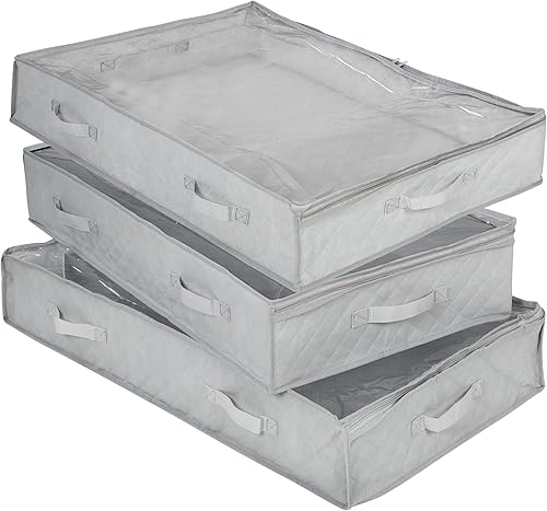 Honey-Can-Do Paquete de 3 bolsas de almacenamiento de tela debajo de la cama para ropa y mantas con ventana y asas, 34 x 17.9 x 5.9 pulgadas, color